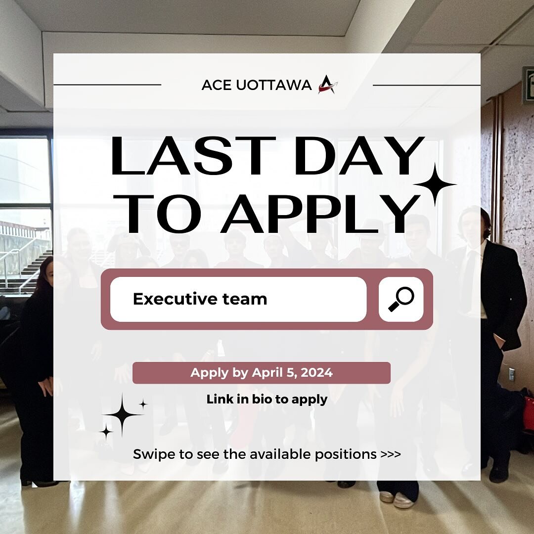 Today is the last day to apply to the ACE 2024-25 exec team! Don&rsquo;t miss out on this amazing opportunity by applying using the link in bio now!!
-
C&rsquo;est aujourd&rsquo;hui le dernier jour pour postuler &agrave; l&rsquo;&eacute;quipe ex&eacu