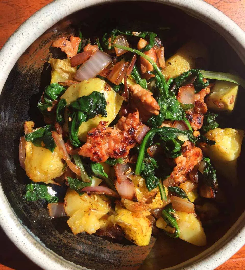 Updated Hash with Chicken Sausage, Yukon Golds & Baby Greens