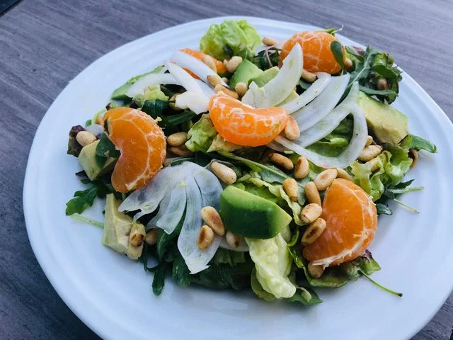 Shaved Fennel, Avocado, Pine Nuts, Mandarin, and Arugula Salad