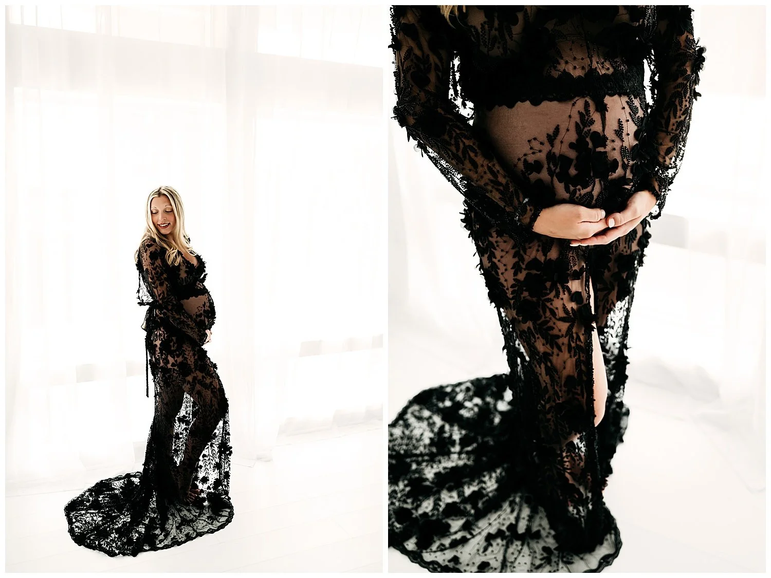 Two images side-by-side; both displaying an expectant mother in a black, translucent gown, cradling her belly. The image on the right shows a close-up of the scene.