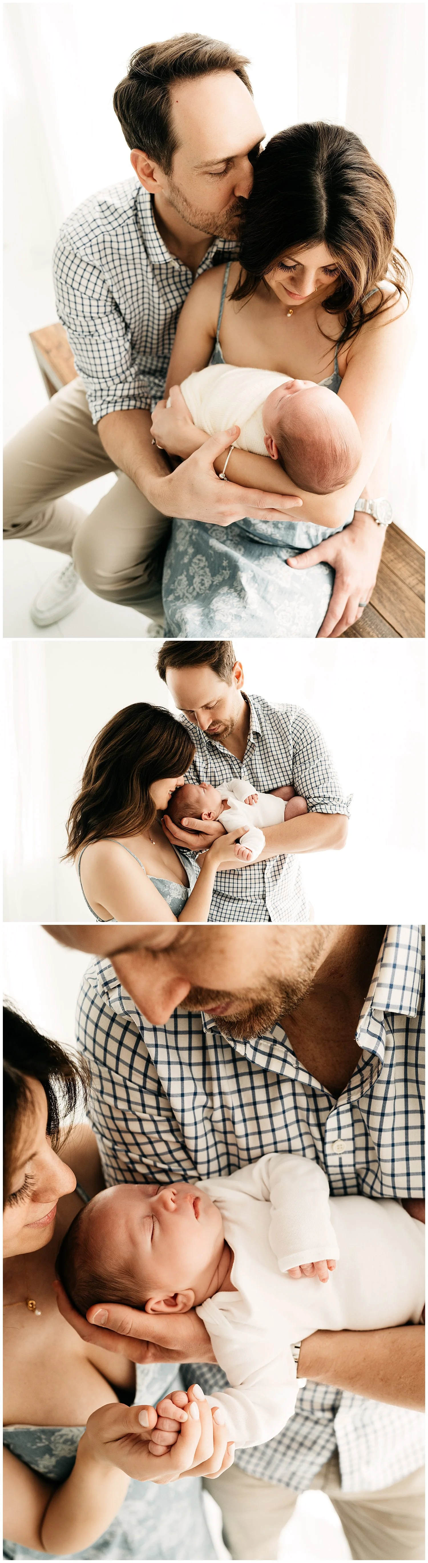 An image depicting a mother holding her newborn son, while her husband hugs her from behind