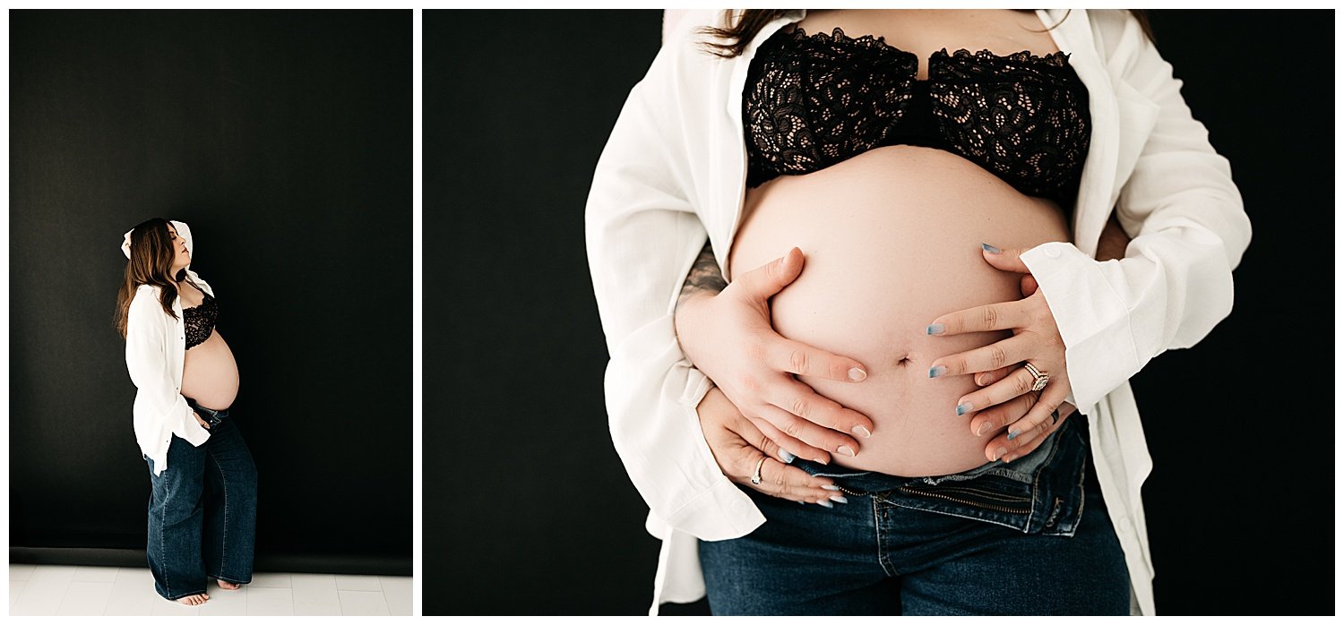 An expecting mother poses in jeans, an unbuttoned shirt, and a lacy black bra. Her stomach is exposed.