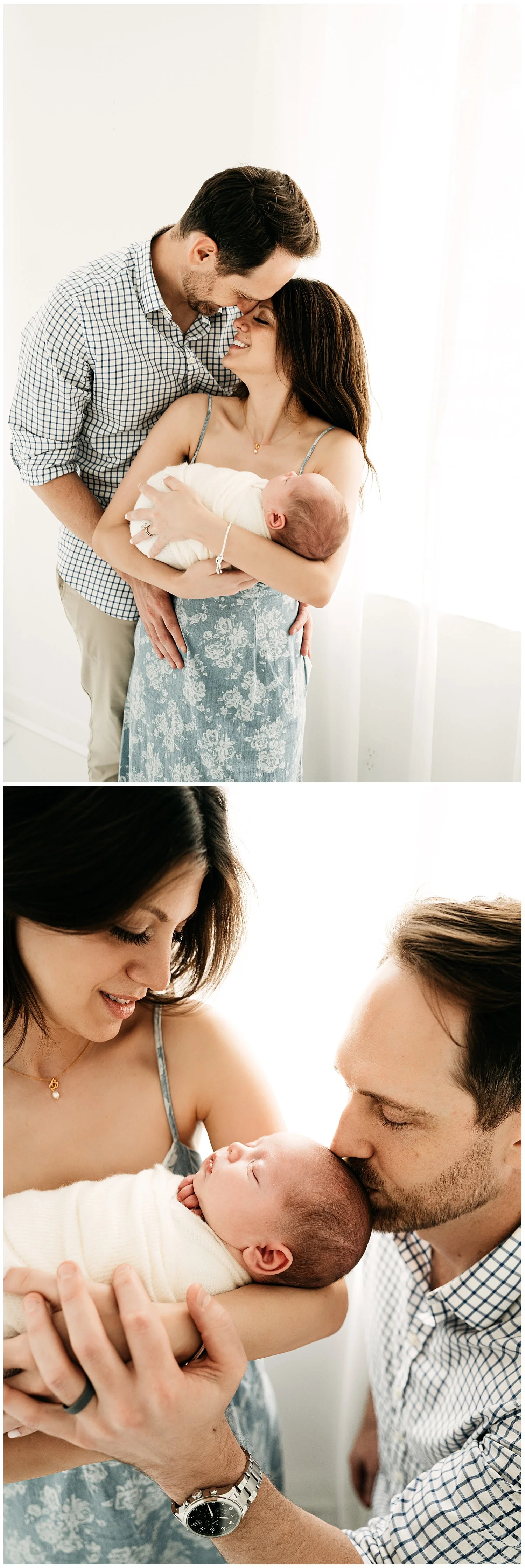 An image of a couple looking lovingly into each other's eyes as they hold their newborn.