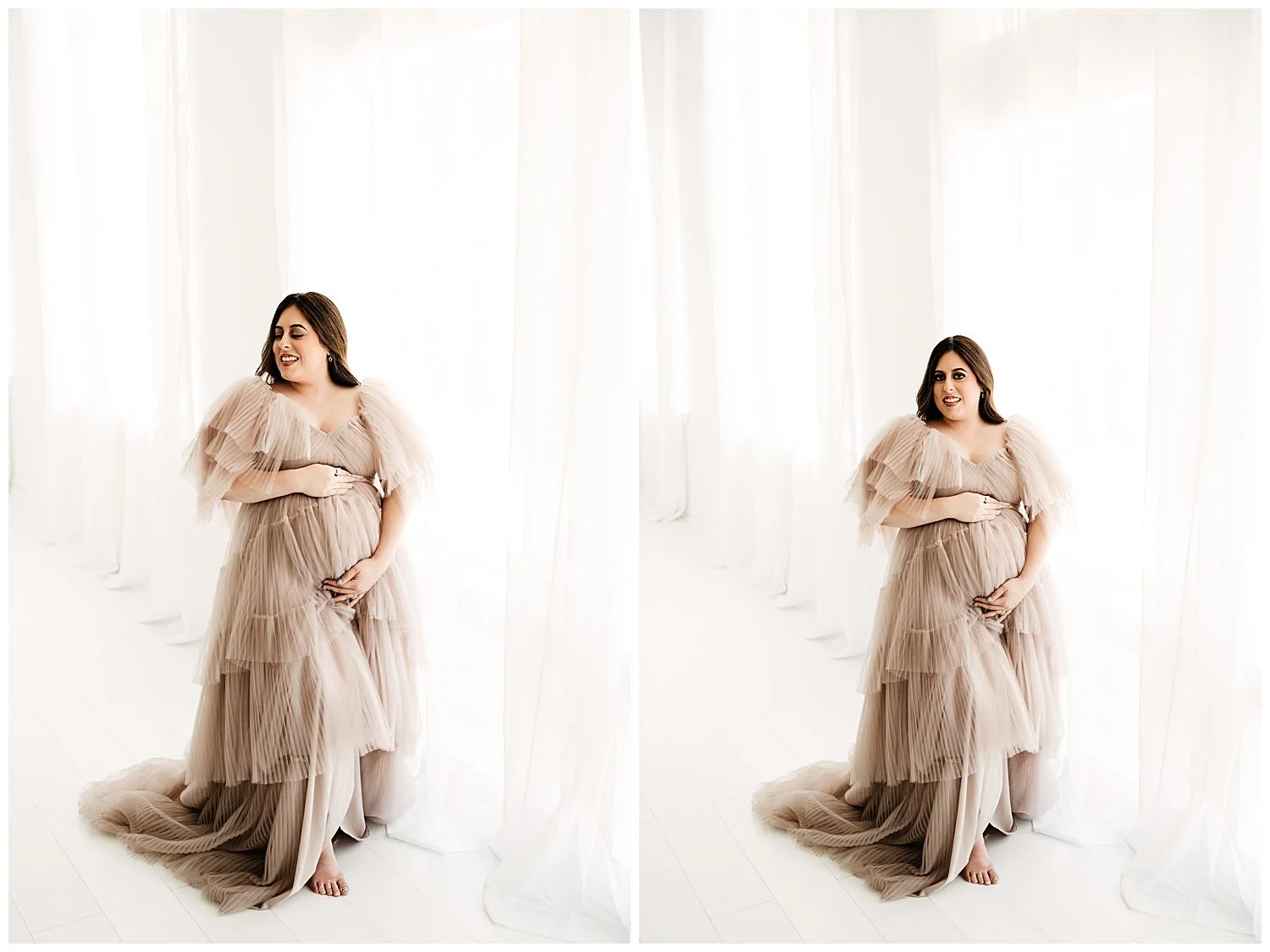 Two photos side by side. Both of An expecting mother in a long, layered, sheer dress. Her head is turned slightly down and to the side. She cradles her belly with both hands, appearing to define it through the dress.