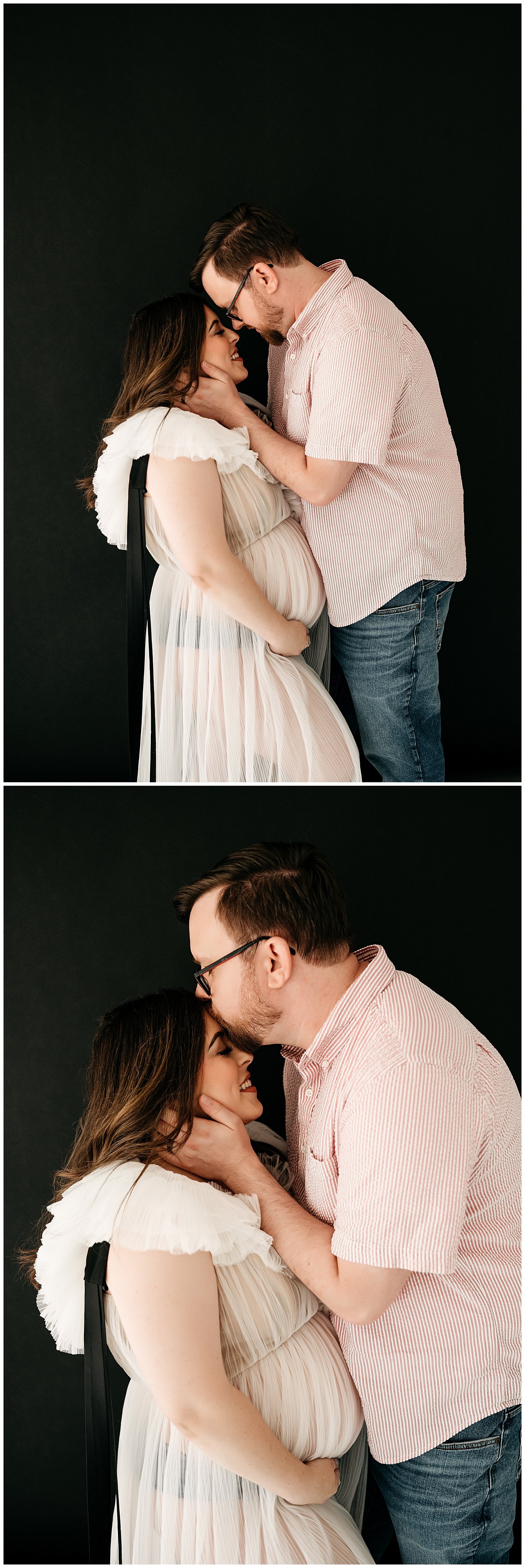 Two images of a couple embracing each other.  The second image depicts the husband leaning down to kiss his wife on the forehead.