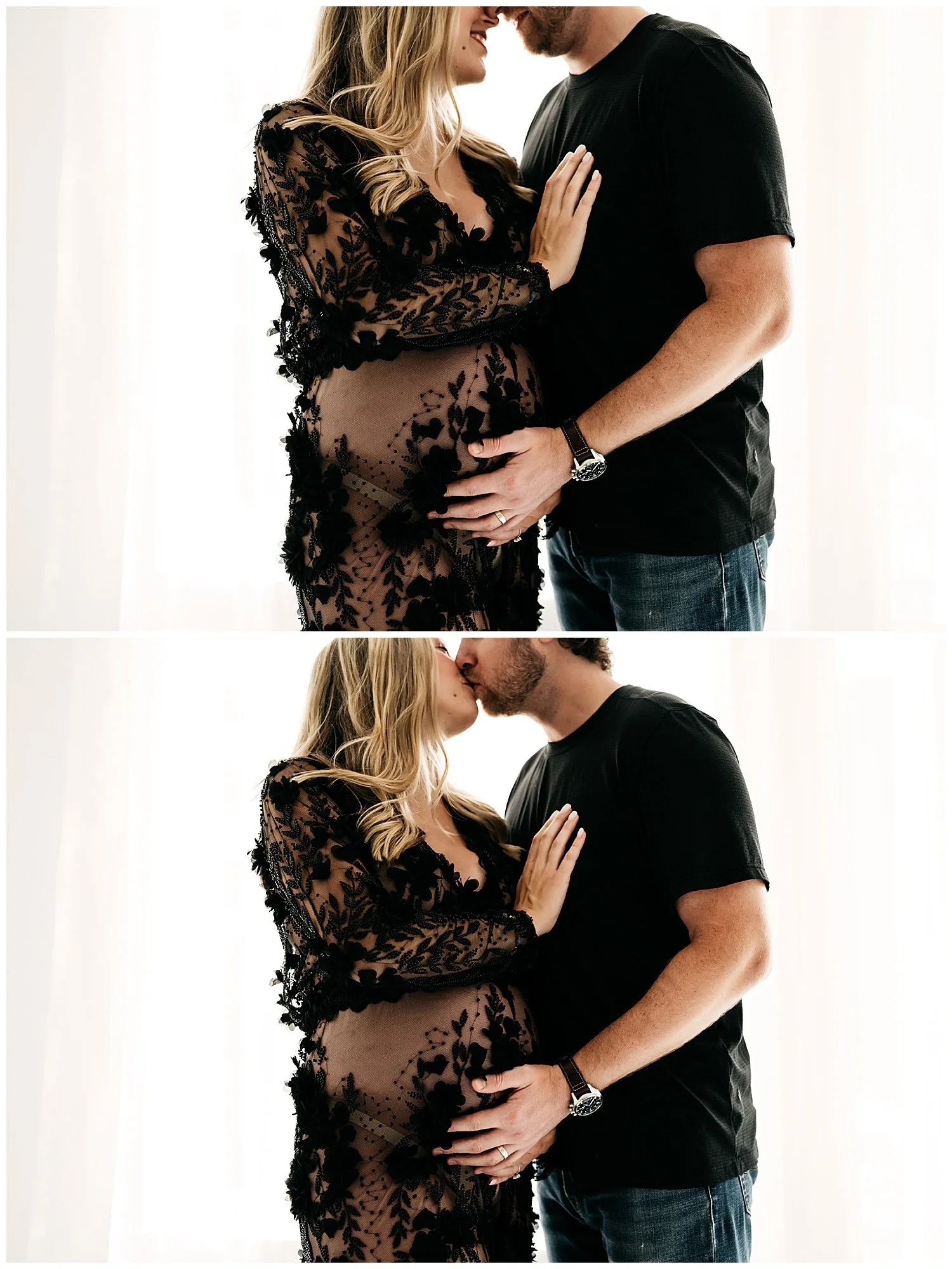 Two images of a couple wrapped in a loving embrace; both close-up on the expectant mother's belly.
