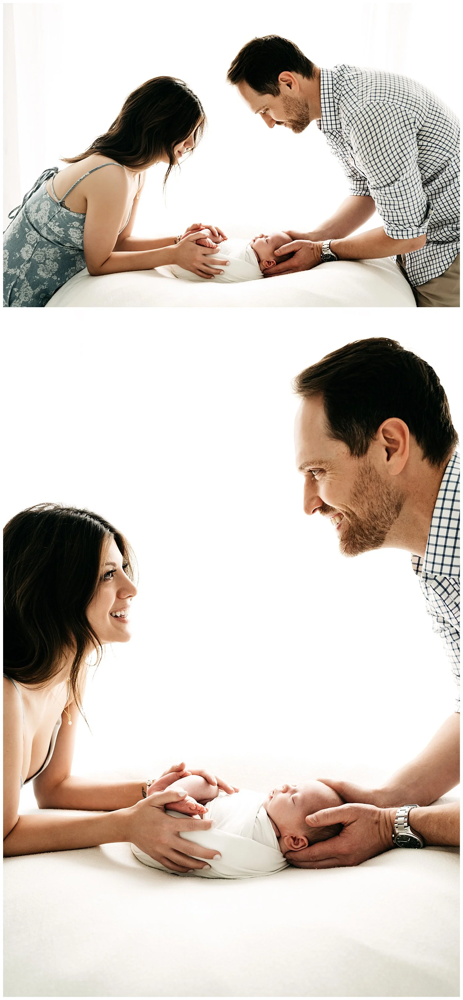 Two photos depicting a couple with a brand new baby, looking down at him as they cradle him with their hands