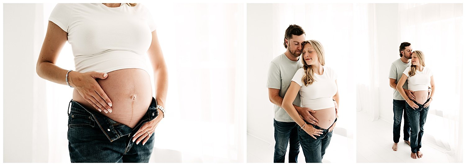 Three images side-by-side: each image zooms out from a mother's pregnant belly to show her husband embracing her from behind.