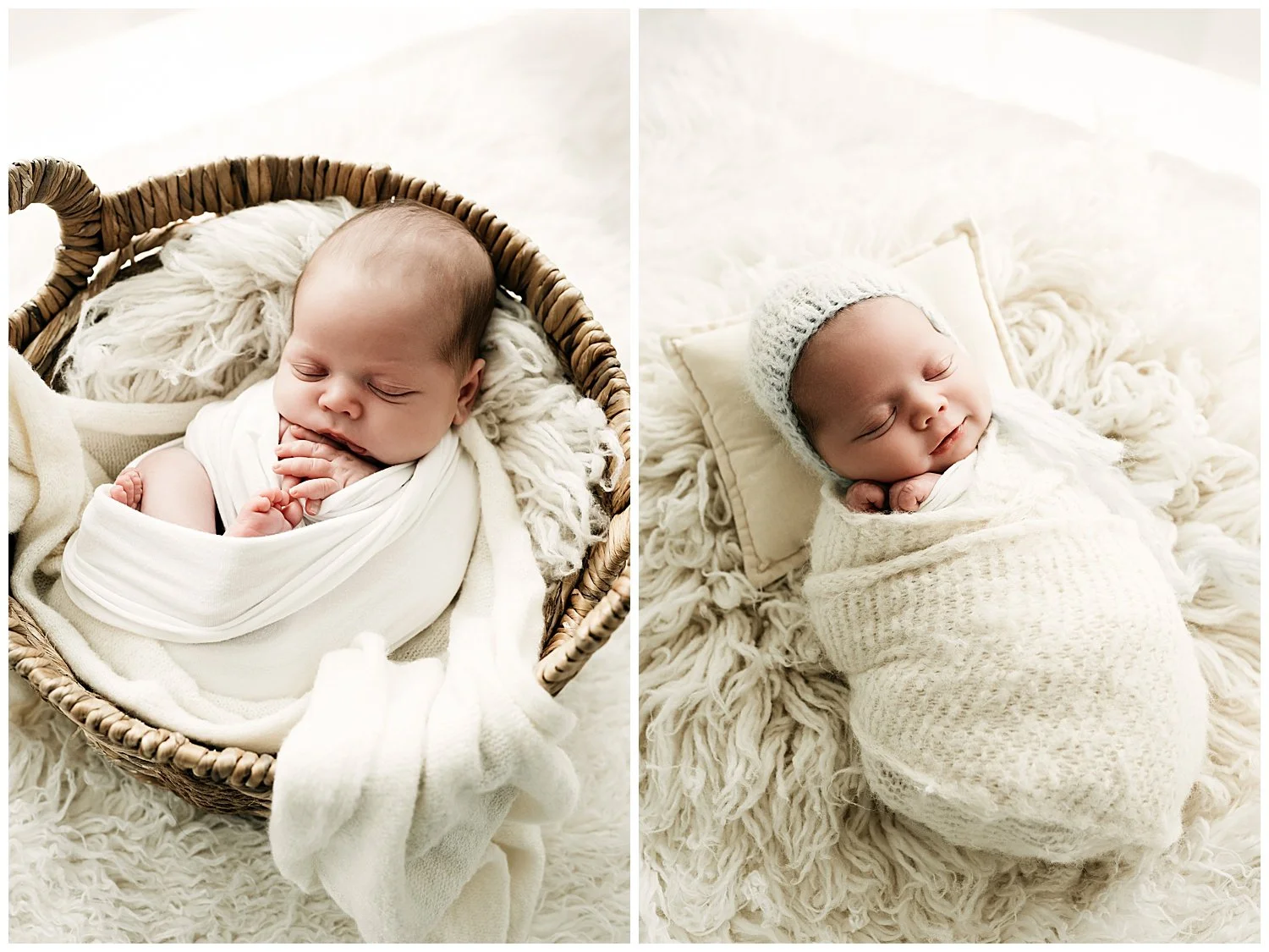 Two photos side-by-side: the left depicting a baby sleeping in a basket, the right depicting a baby asleep on a fur blanket, with his hands cradling his head.