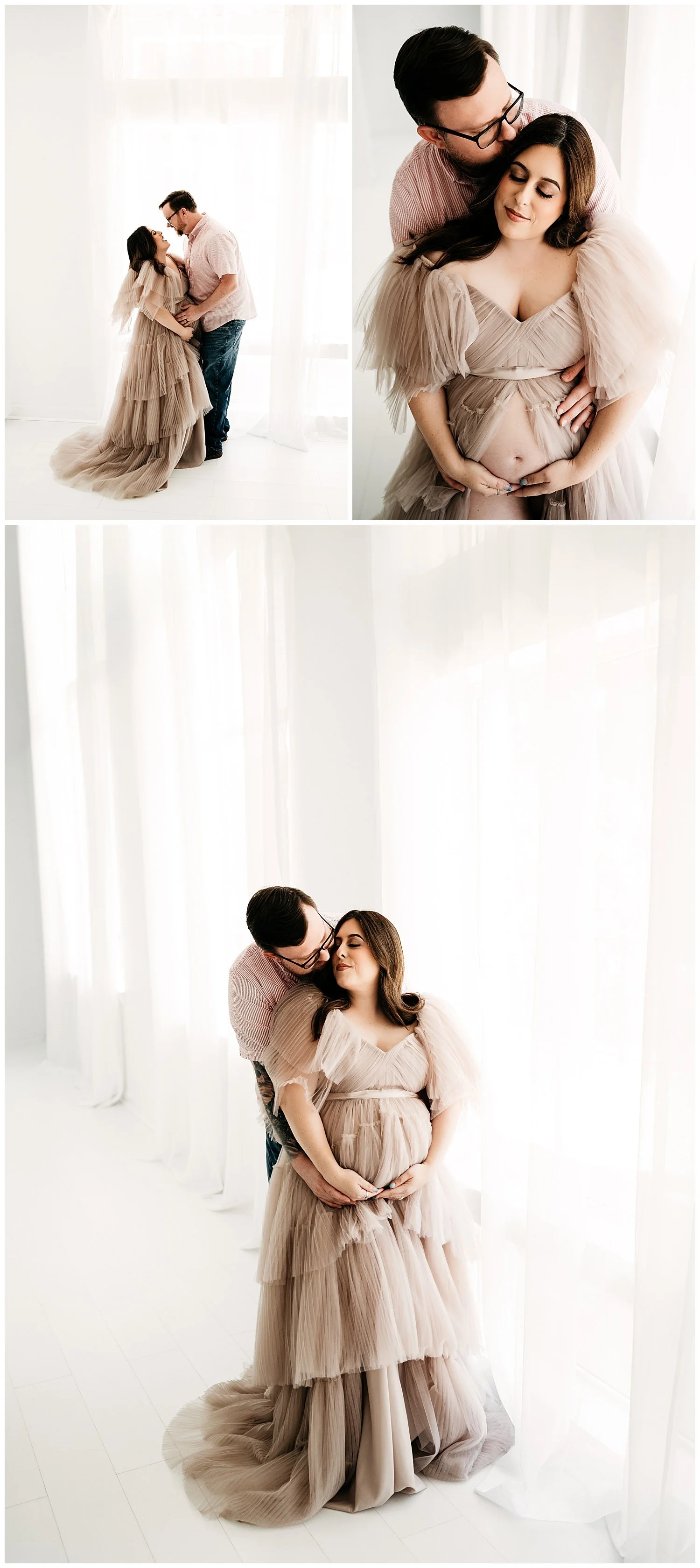 Three photos; two side by side, one larger underneath. A couple, who are expecting, hold each other in a loving embrace. One image depicts them facing each other and laughing, while cradling the woman's pregnant stomach.