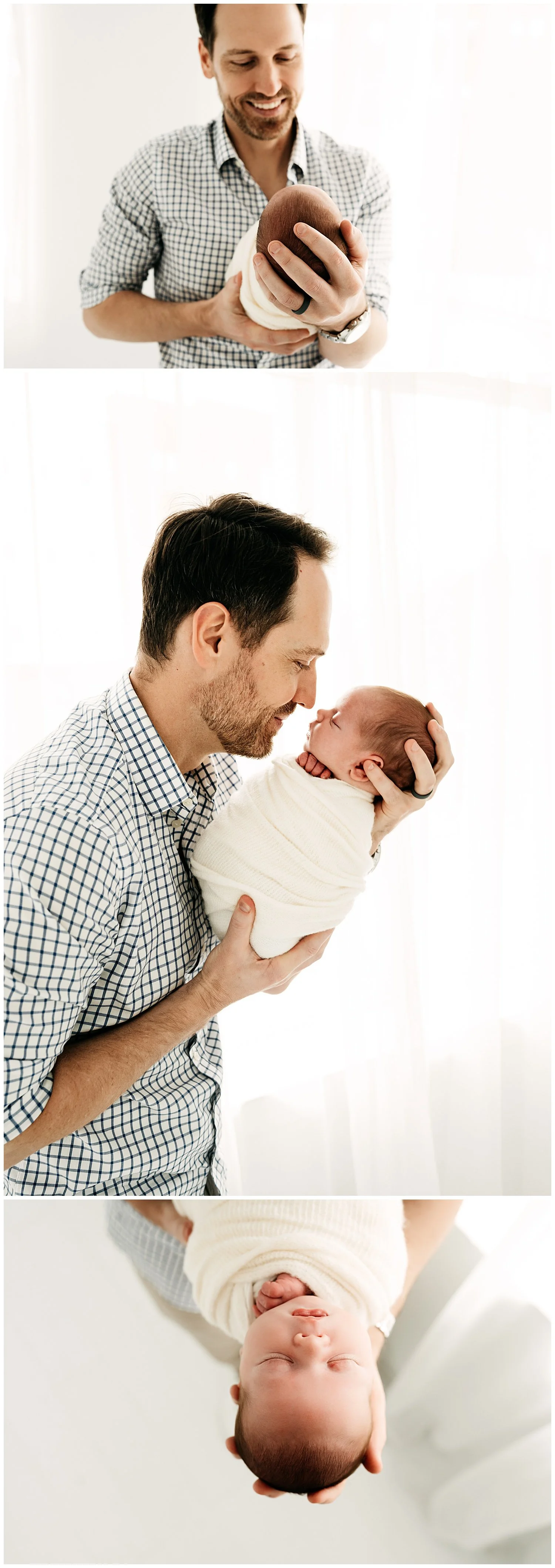 Two photos depicting a father making nose-to-nose contact with his brand new baby son.