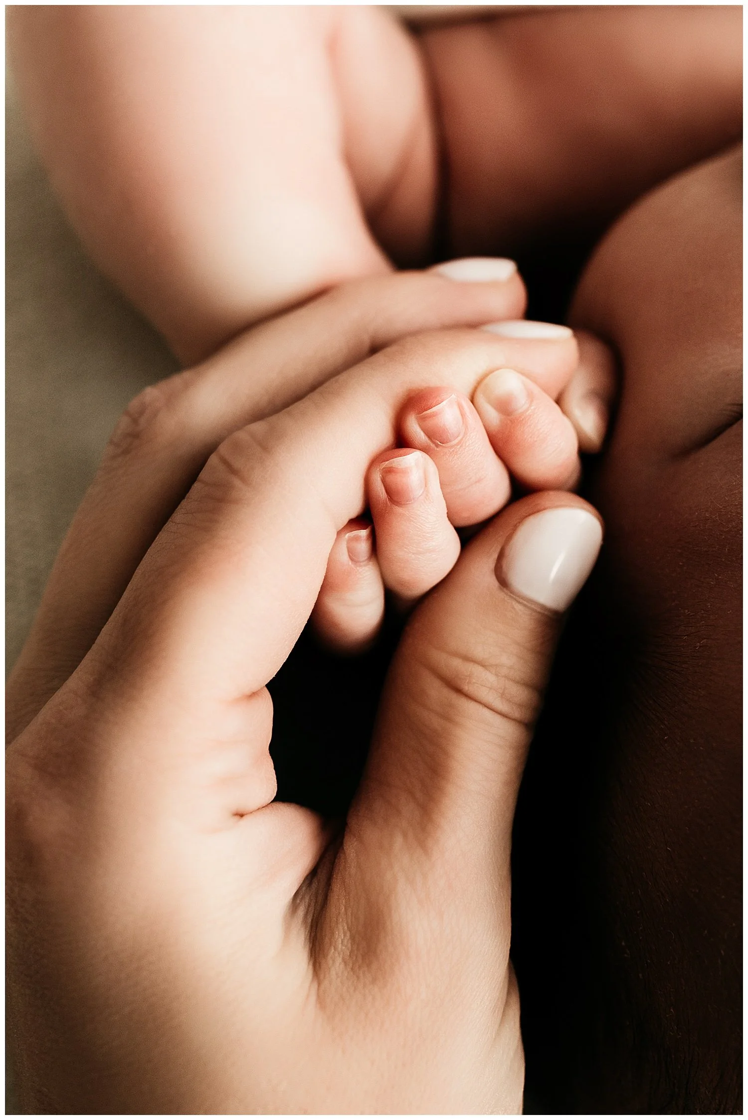 A photo depicting a mothers hands delicately holding her newborn baby's hand.