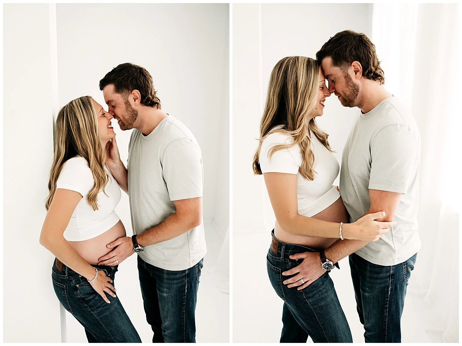 Two images side-by-side: both of an expecting father and mother in a loving embrace, with the mother's belly in the center.