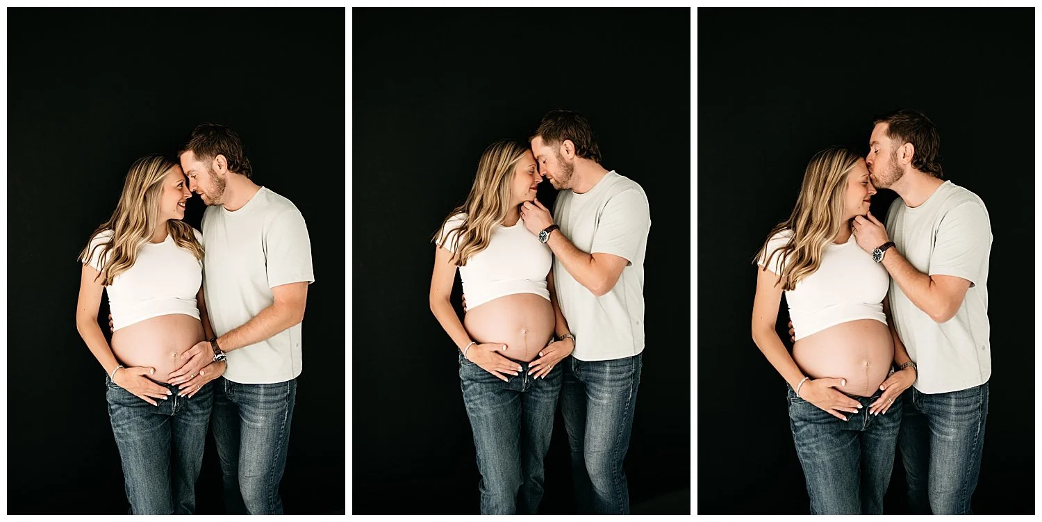 Three photos side-by-side; displaying the process of a husband slowly lifting his head to kiss his expectant wife on her forehead.
