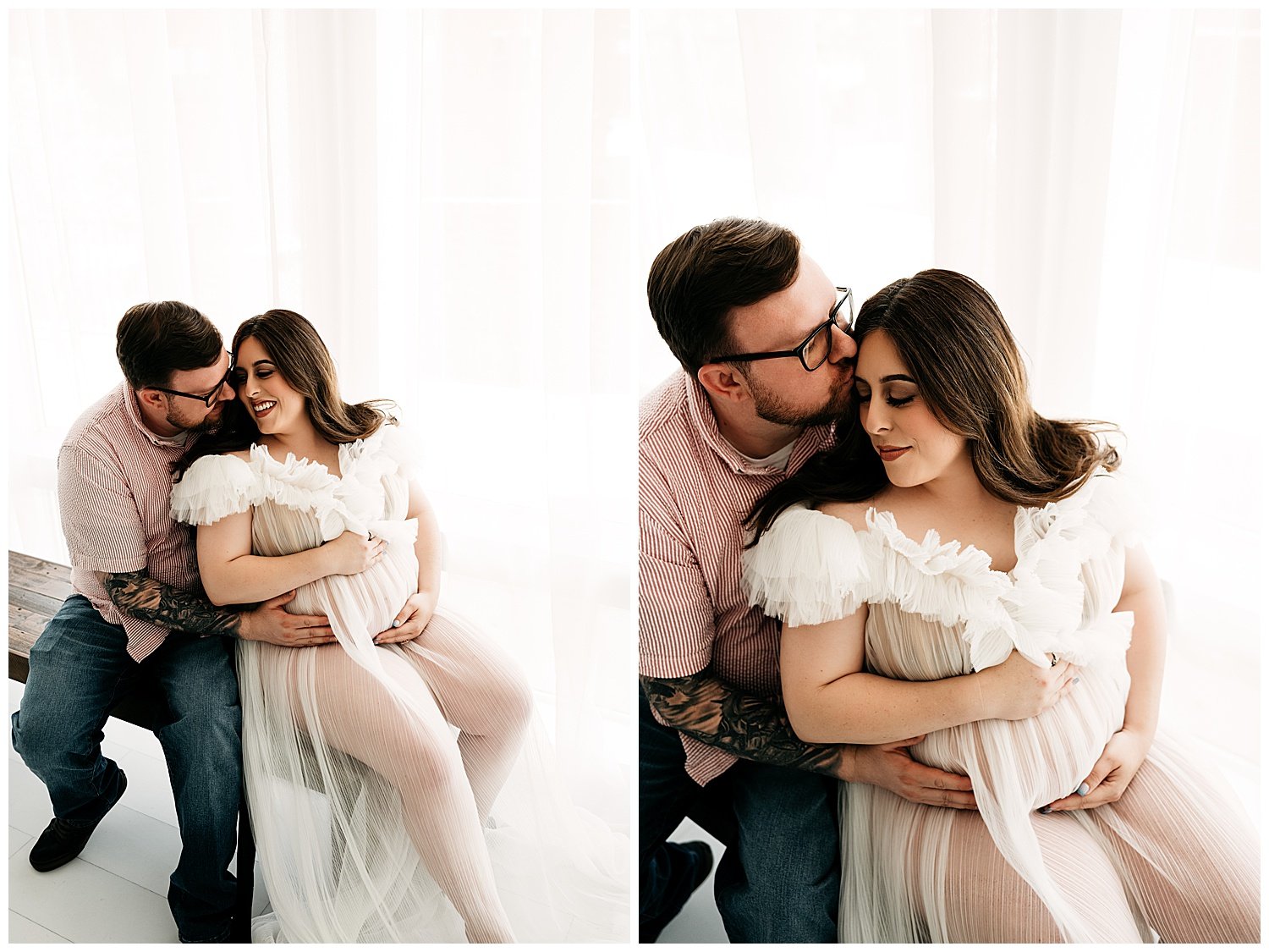 An image of an expecting couple sitting on a wooden bench. The husband holds his wife from behind, with his hands on her stomach. Her hands are opposed to his.