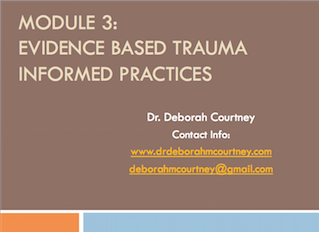 This three-hour workshop will: Introduce staff to a variety of evidence-based trauma informed practices. Theories will be explained, skill application to a variety of client populations will be explained (from brief crisis models to longer term treatment). Exercises will be done to help integrate the knowledge in a deeper way. Brief videos will be utilized to illustrate the work. Integration of some of the skills in practice moving forward will be discussed. Self care and supporting each other will again be emphasized.