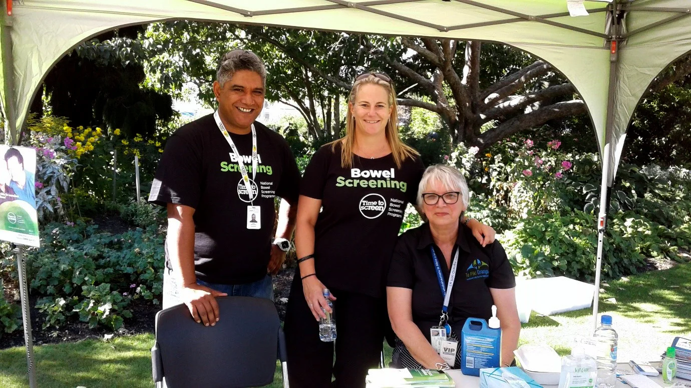 Pūkenga Manāki Viveyan Tuhimata-Weke with the team from Bowel Screening Shaun Wharehoka and Dr Melissa Cragg