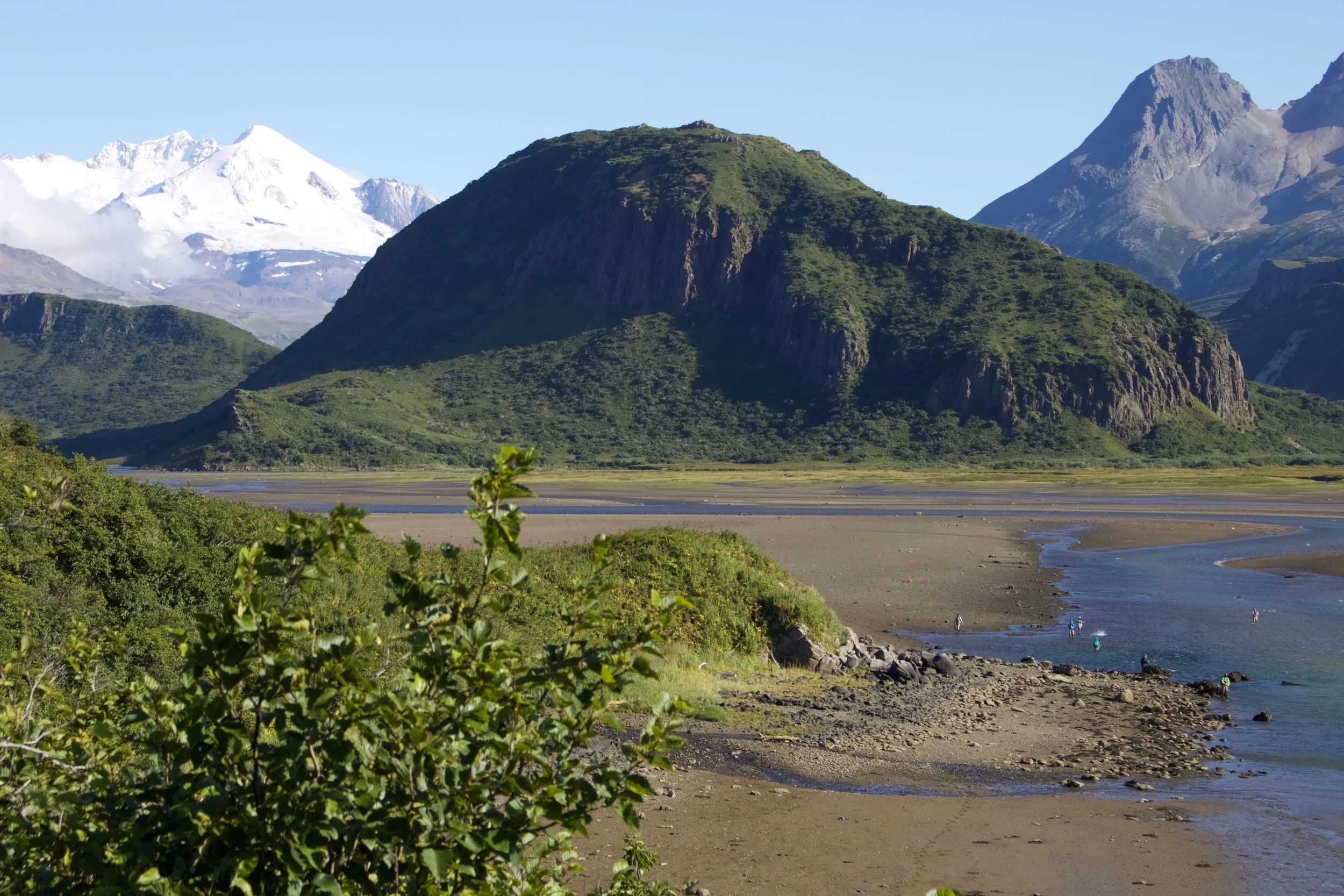 Harley Hill looms over the back of the tidal flat during a low tide. The snow capped Volcano sleeps in the distance.