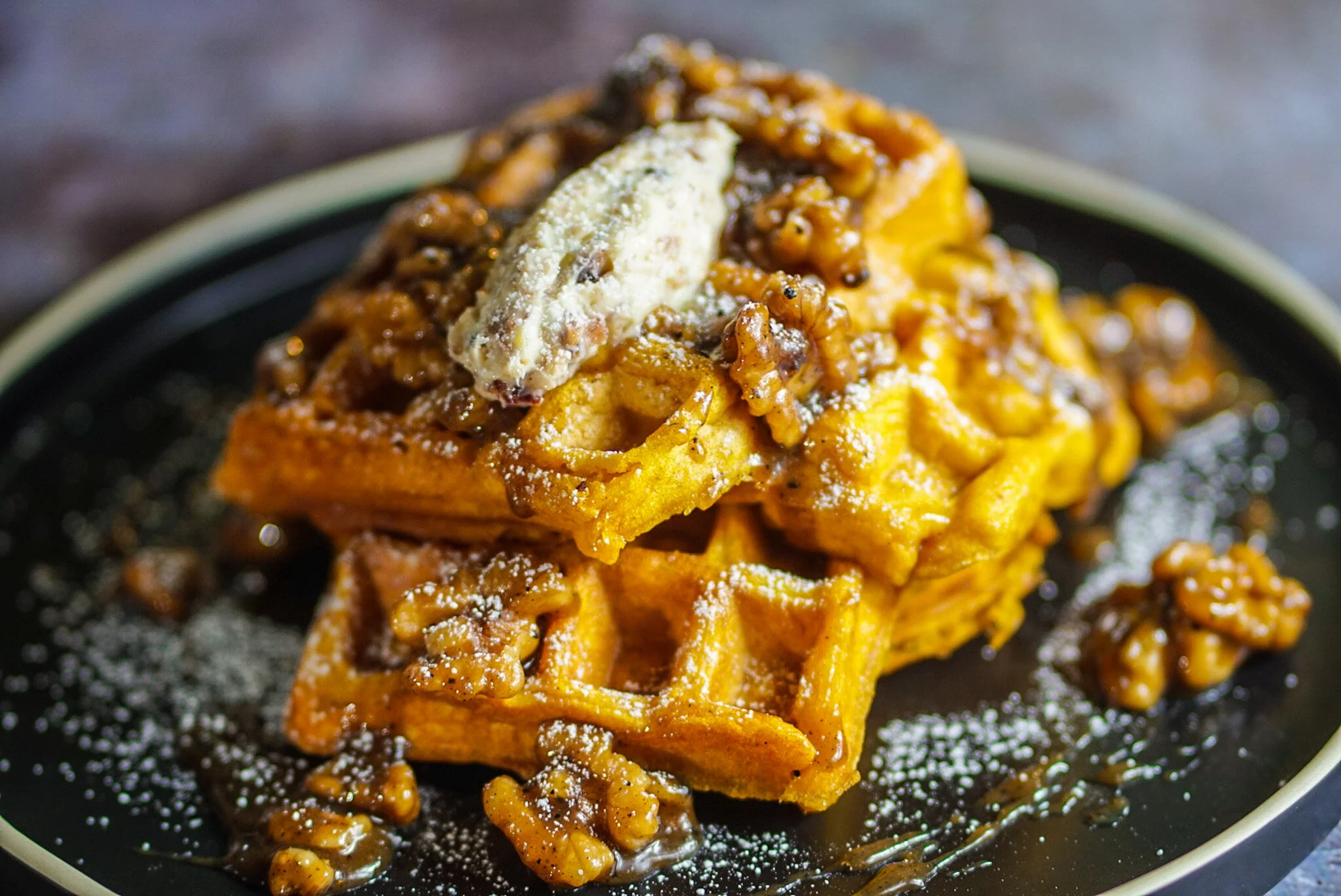 Pumpkin Waffle Honey Spiced Bacon Butter and Walnut Caramel Sauce