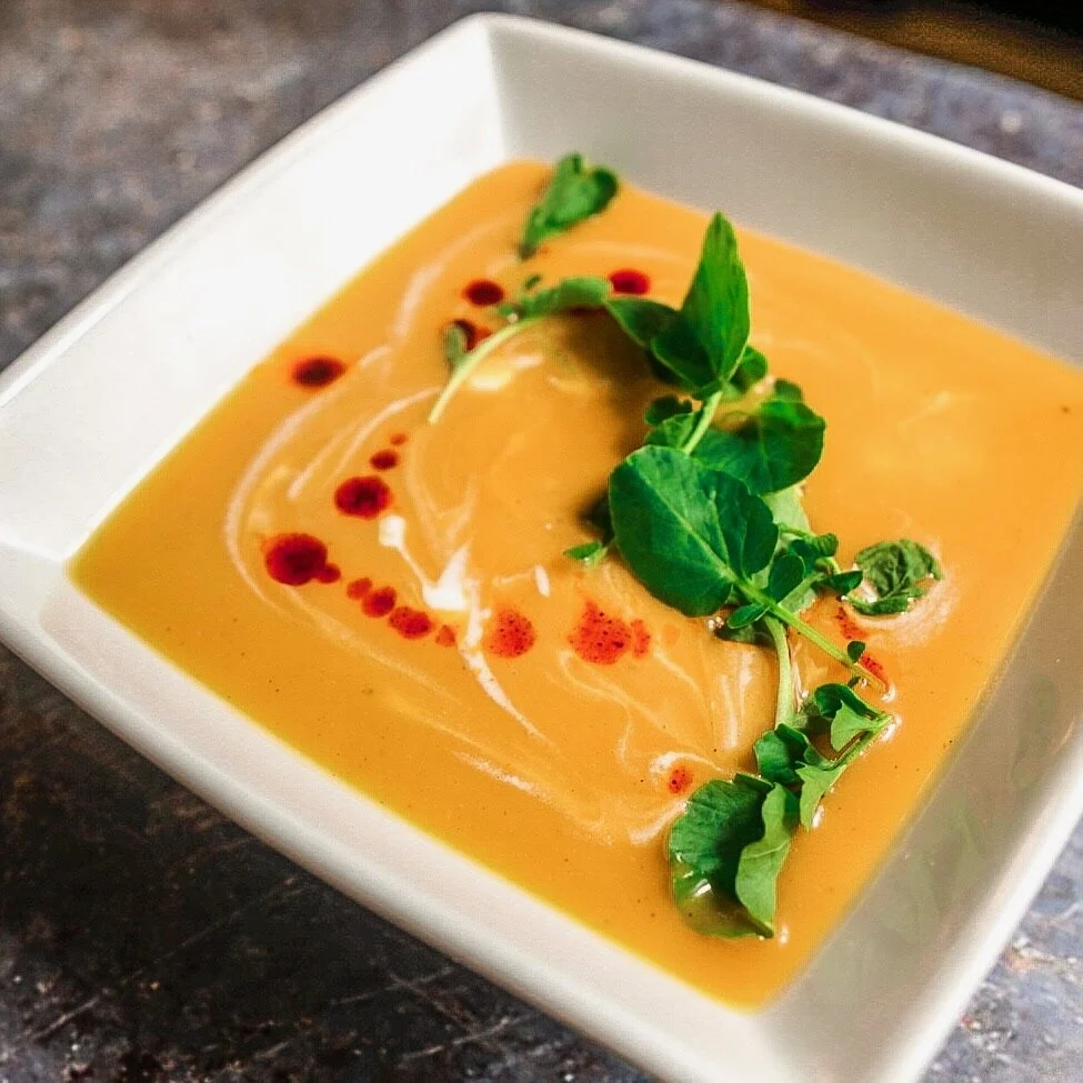 Curry Butternut Squash Soup with Creme Fraiche and Guajillo Chili Oil