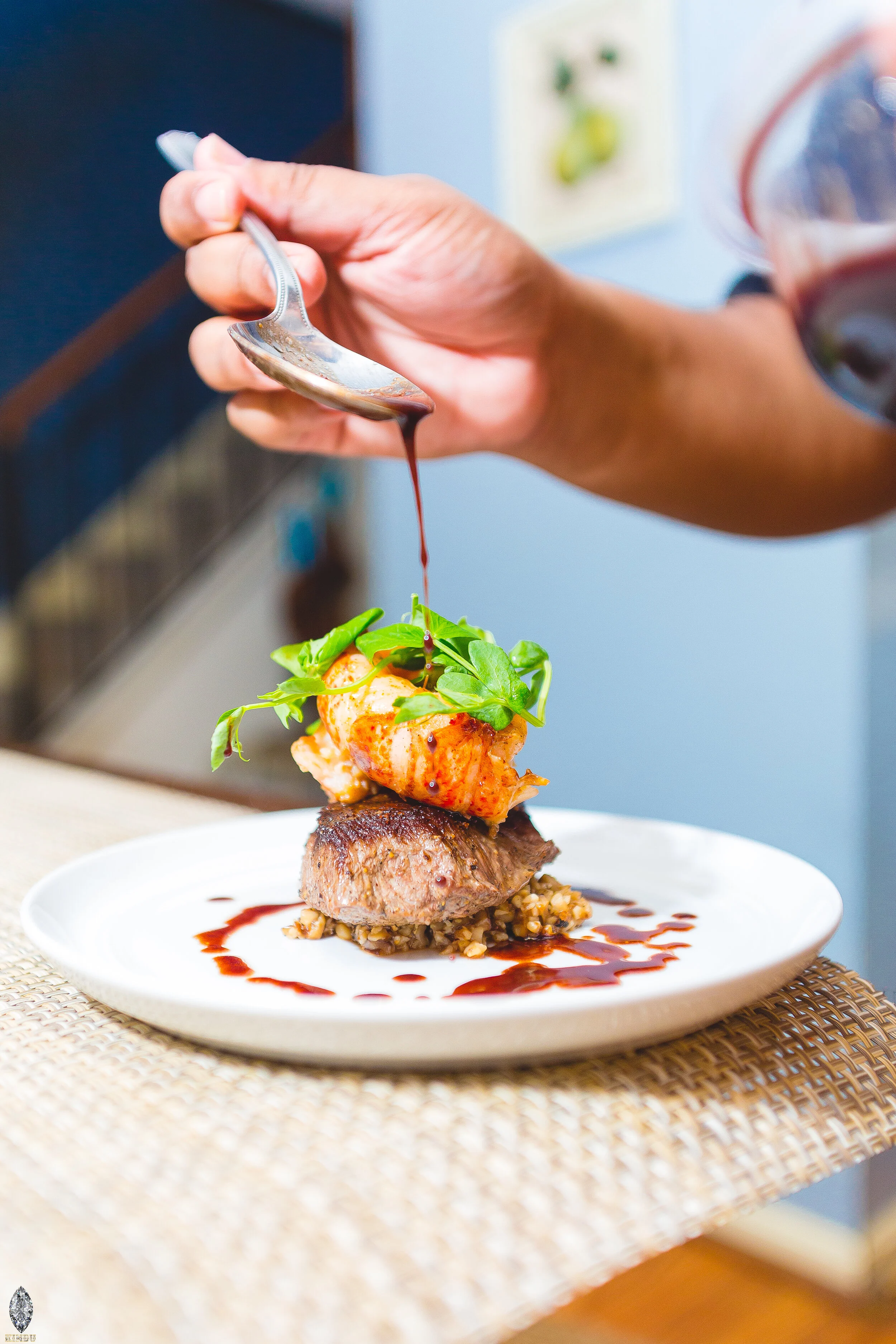 Beef Filet Butter Poached Lobster Tails with Mushroom Duxelles & Red Wine Jus