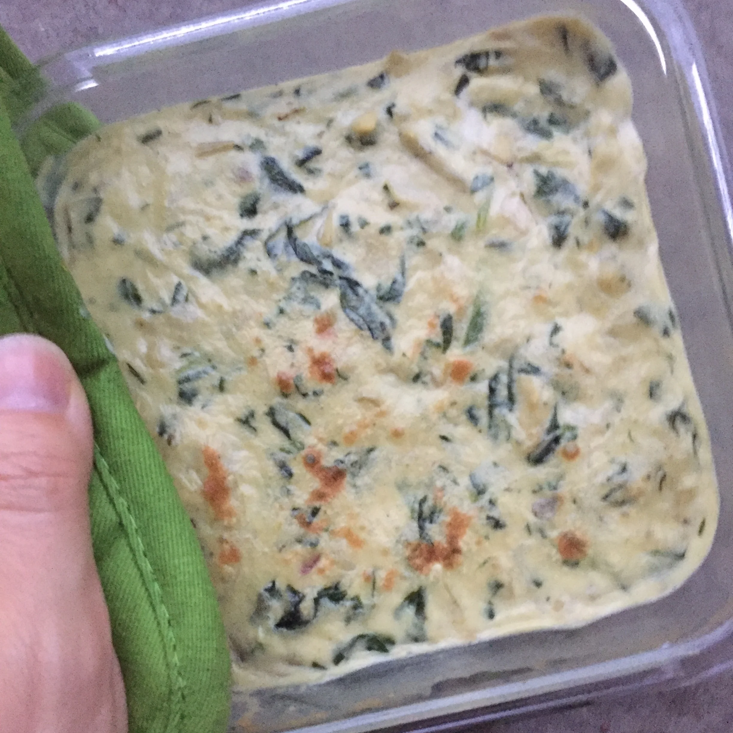 Vegan spinach & artichoke, broiled and ready to go to a book club :)