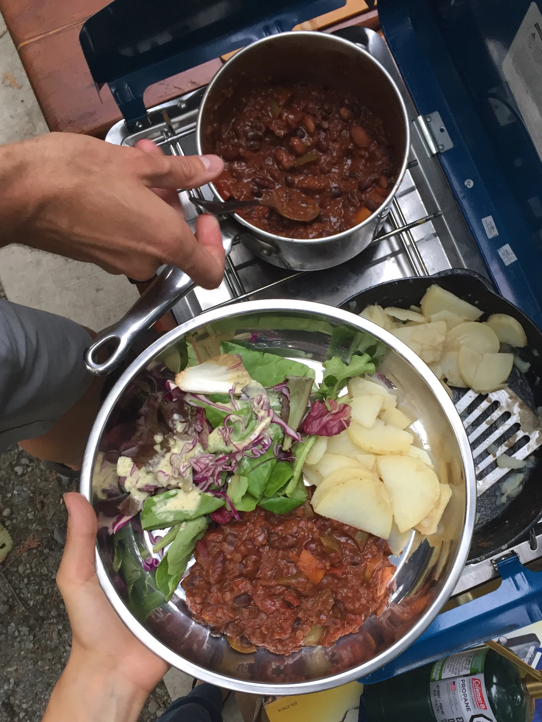 Chili, potatoes, salad—this is actually more involved than usual