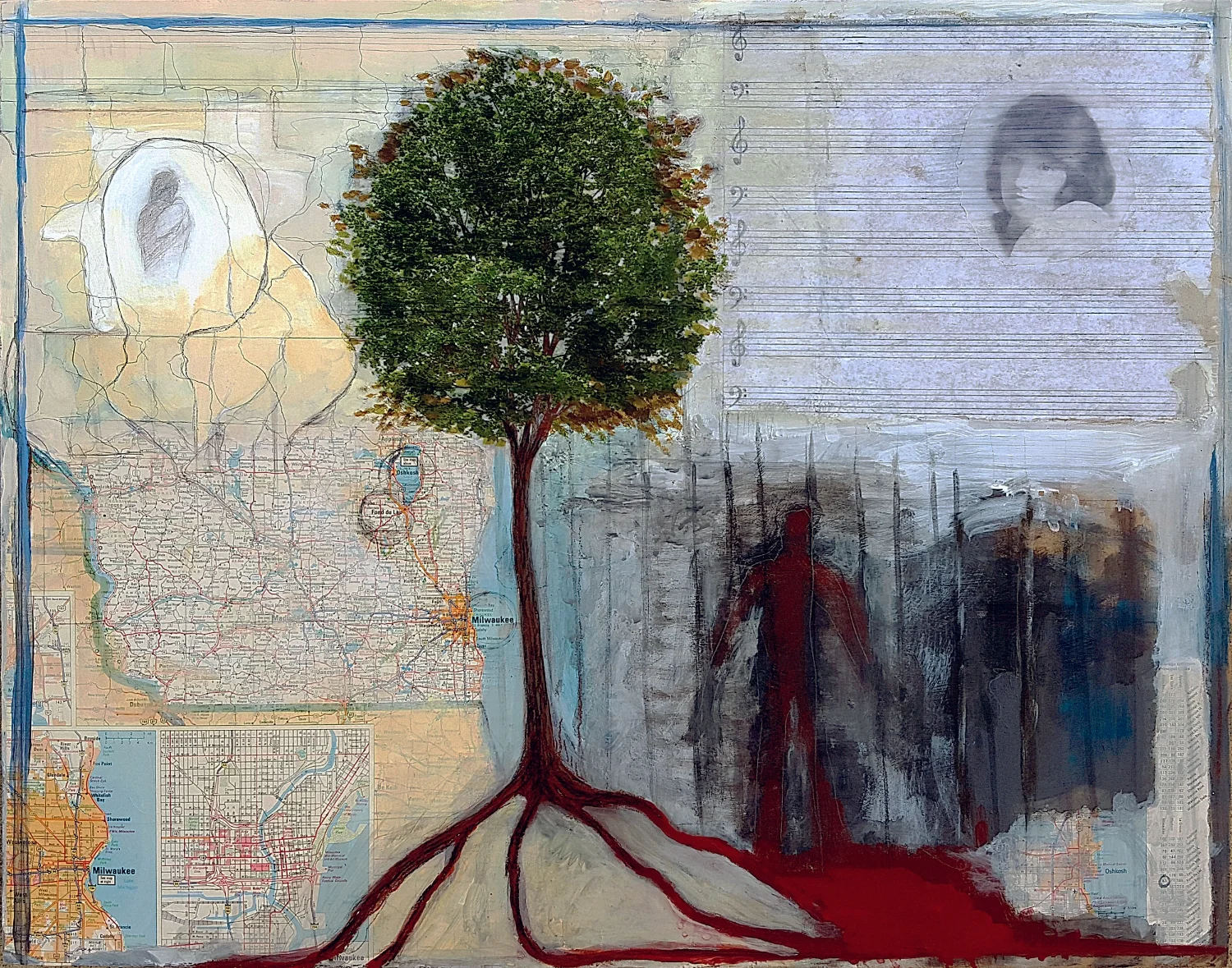 Christine Ann 2015 acrylic, graphite, map, vellum, inkjet print on panel 18 3/4” x 23 15/16”