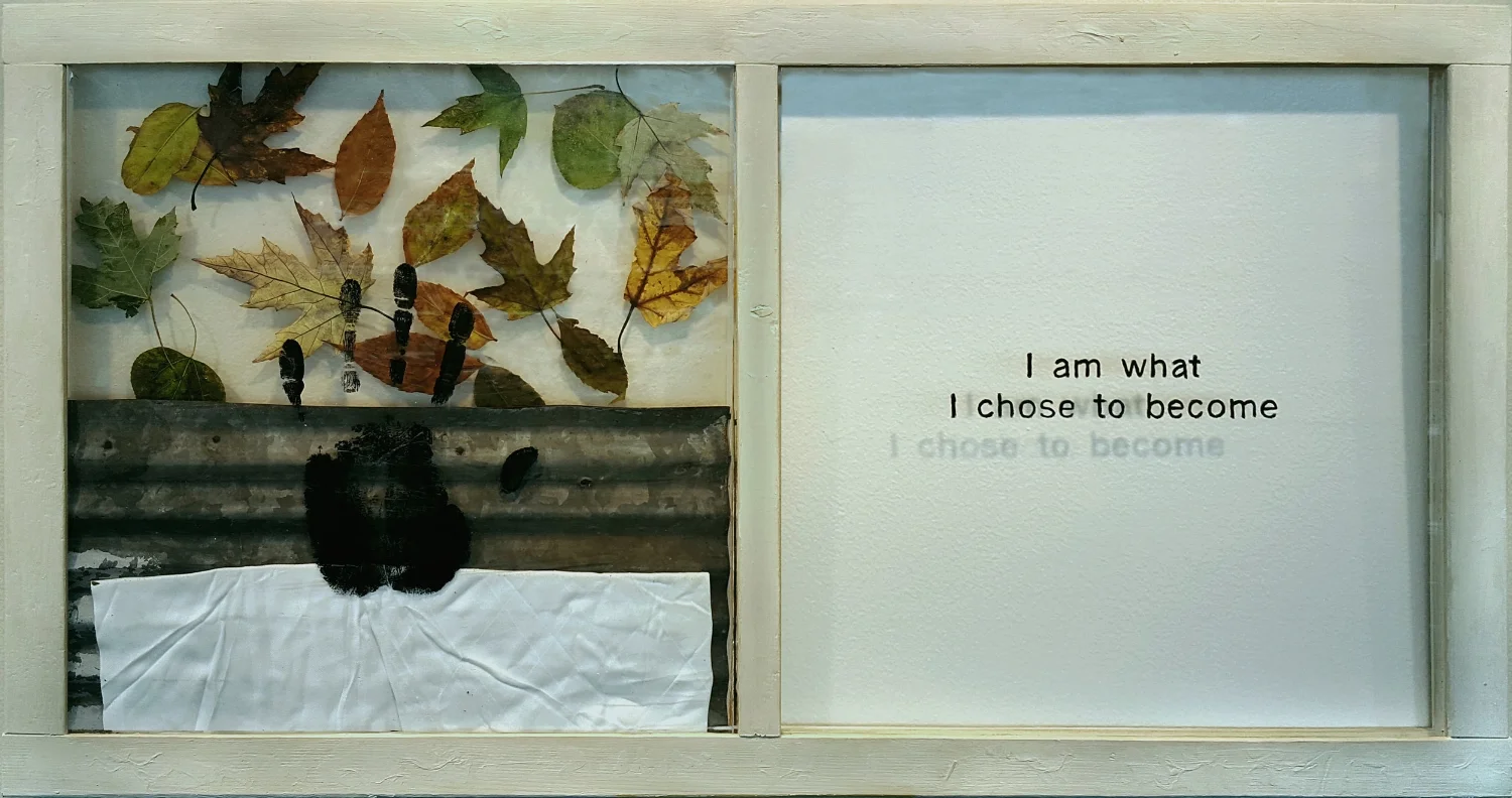 Katie 2015 acrylic, wood, metal, fabric, leaves, plexiglas 18 3/4” x 36” x 1”
