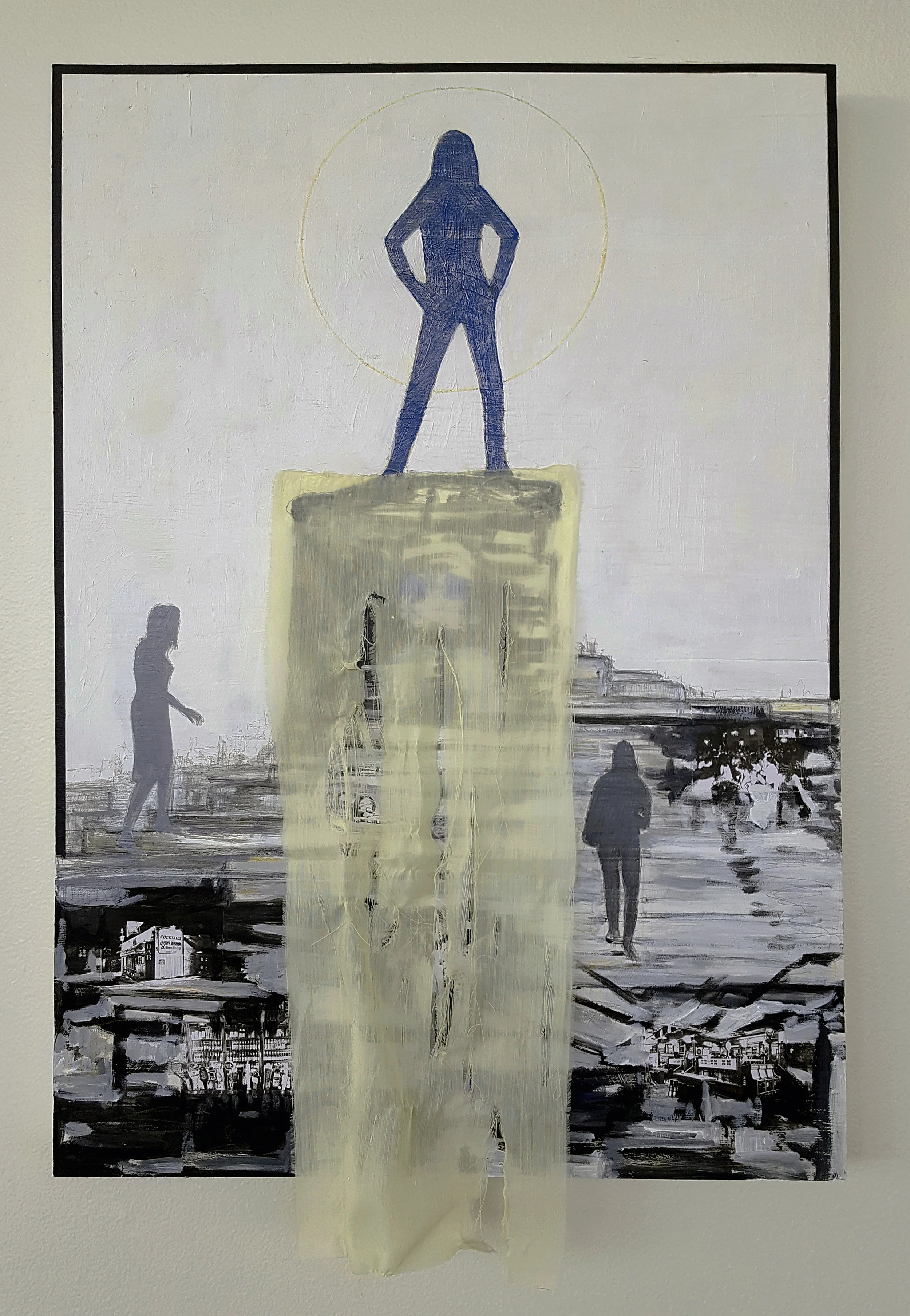 Brooke 2016 acrylic, graphite, colored pencil, laser prints, fabric, masking tape on panel 31” x 20” (overall)