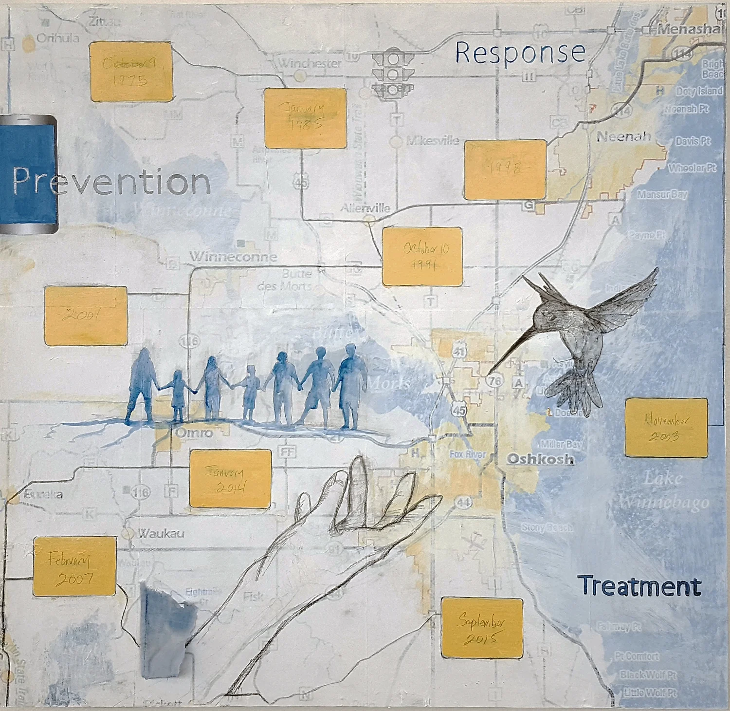 Reach 2016 acrylic, graphite, laser prints, fabric on panel 29” x 30”