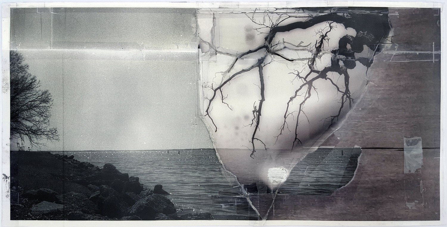 Washing Across The Paths I Have Made 2016 acrylic, graphite, transparent tape, laser prints on matte photo paper 9 1/2” x 19”