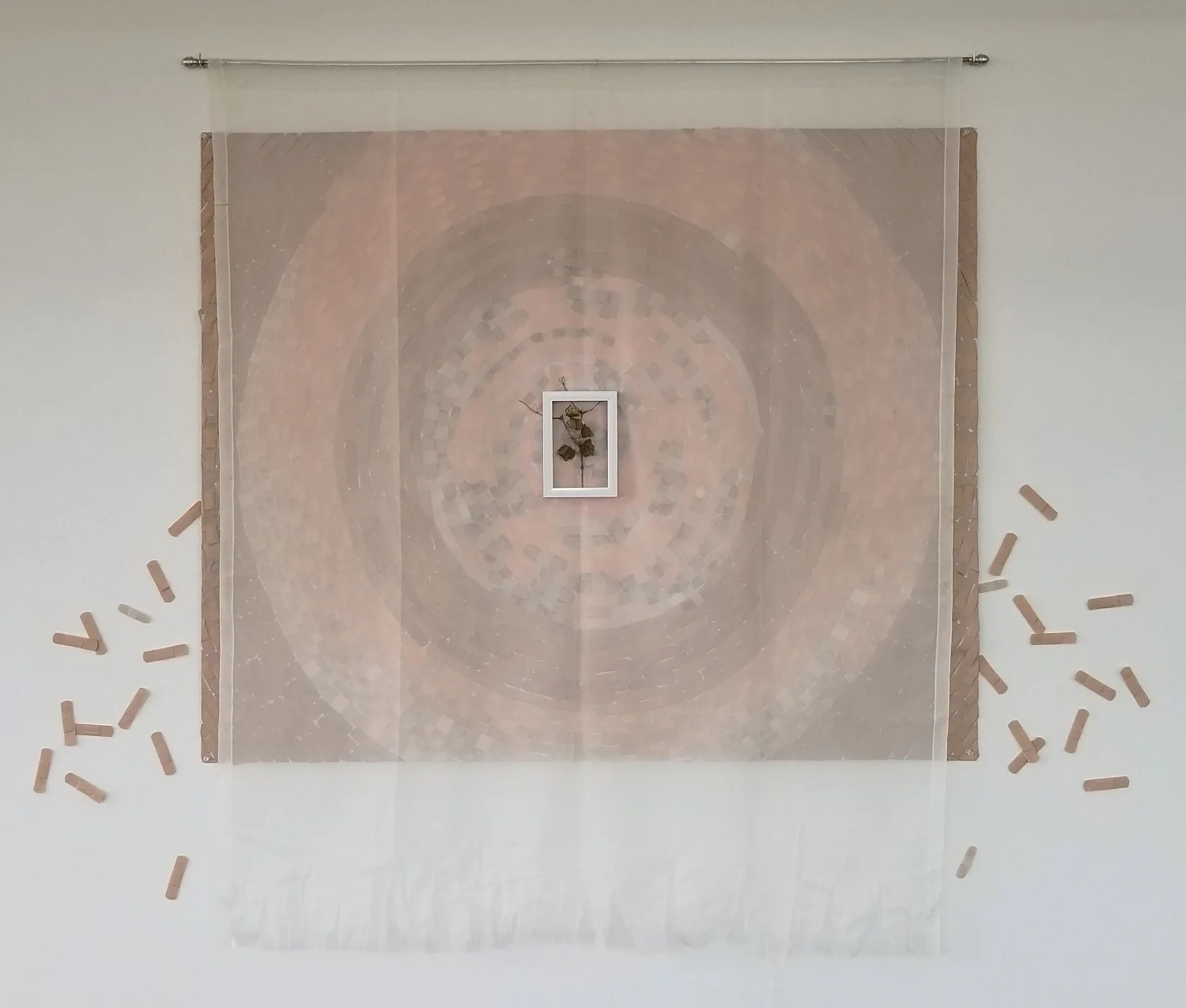 Mikayla 2017 adhesive bandages, sheer curtain, curtain rod, picture frame, tree branch, leaves 58” x 72” x 1" (overall)