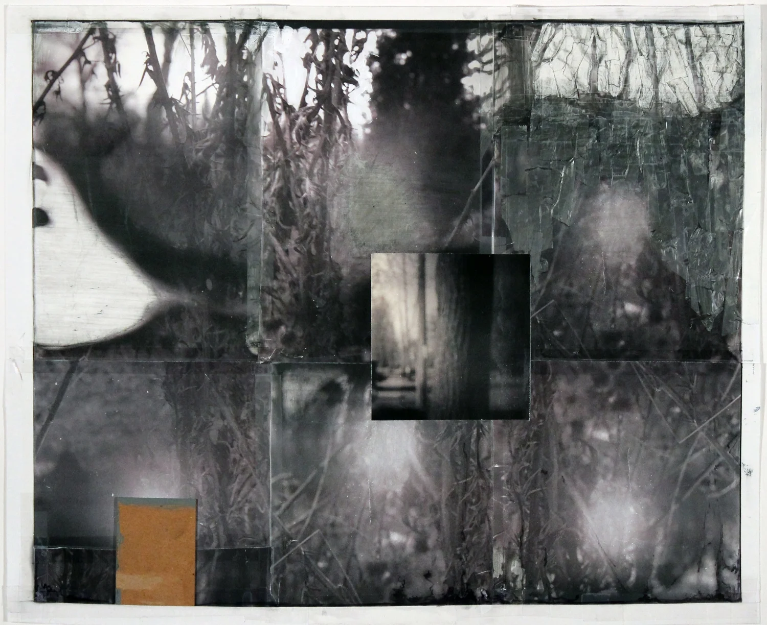Lost On Journeys We Walked On 2018 acrylic, graphite, transparent tape, cardboard, laser prints on photo paper 17 5/8” x 21 1/2”