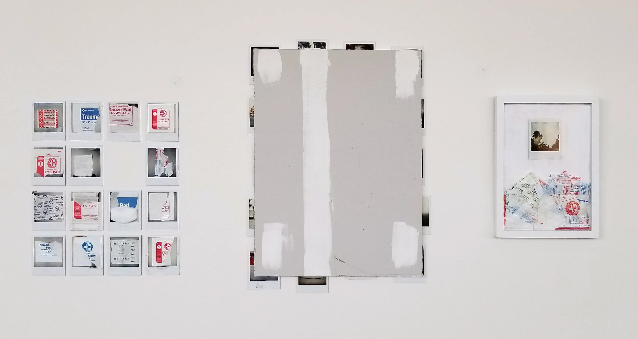 David 2017 Polaroid photographs, medical bandages, frame bandage wrappers, sheetrock, spackle, pencil 28” x 60” x 1 1/4"
