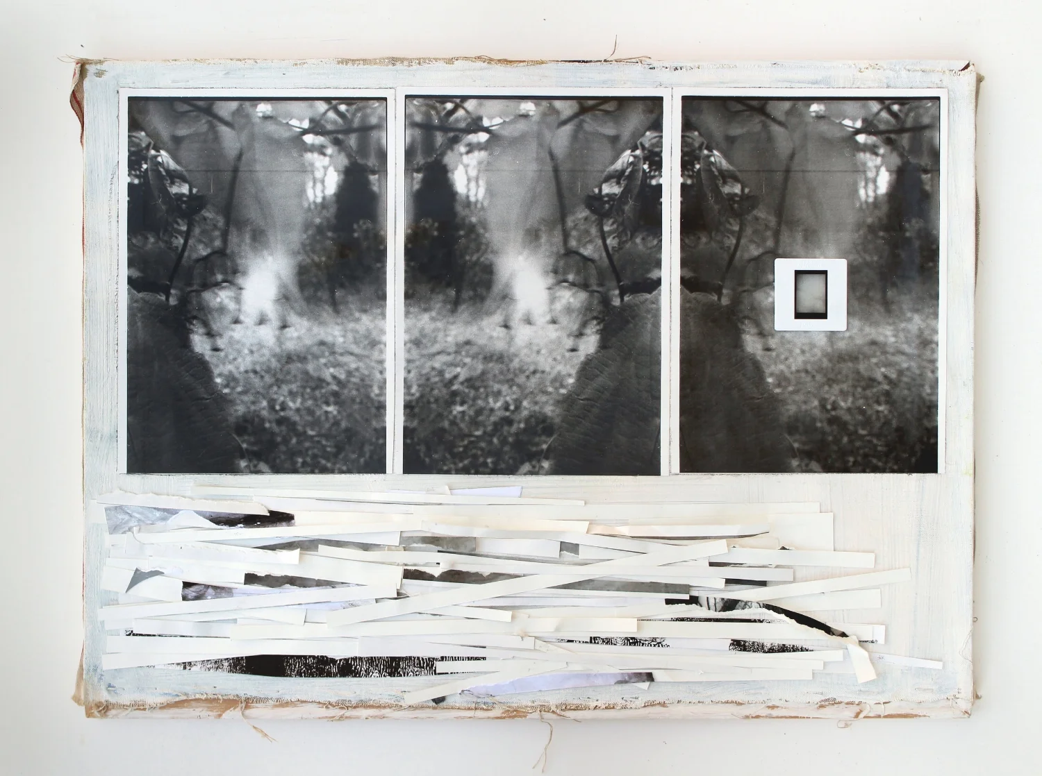 Theft, And Wandering Around Lost 2018 graphite, transparent tape, paper, 35 mm slide, acrylic, gesso, canvas, laser prints on photo paper 18” x 24”