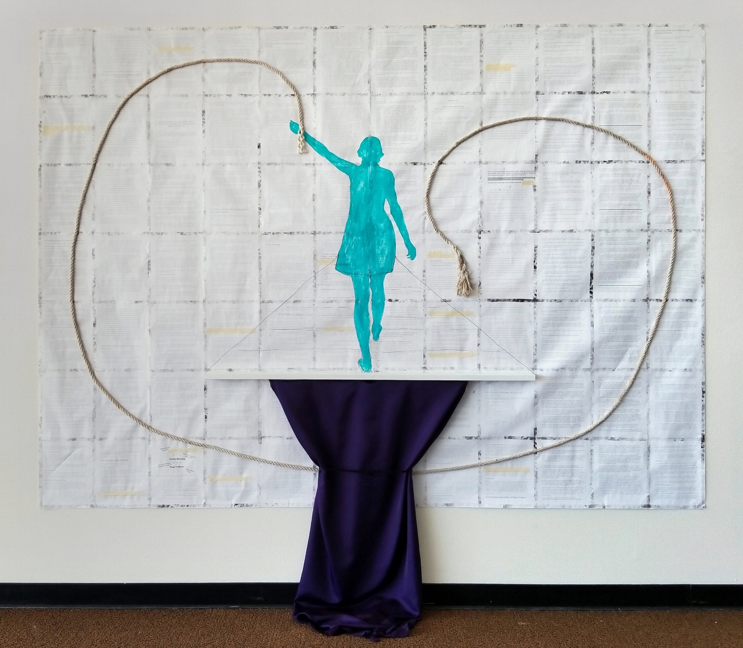 On Their Words I Don’t Know What to do or Say 2018 acrylic, wood, rope, fabric, wire, inkjet prints masking tape, transparent tape, charcoal 102” x 92” x 3"