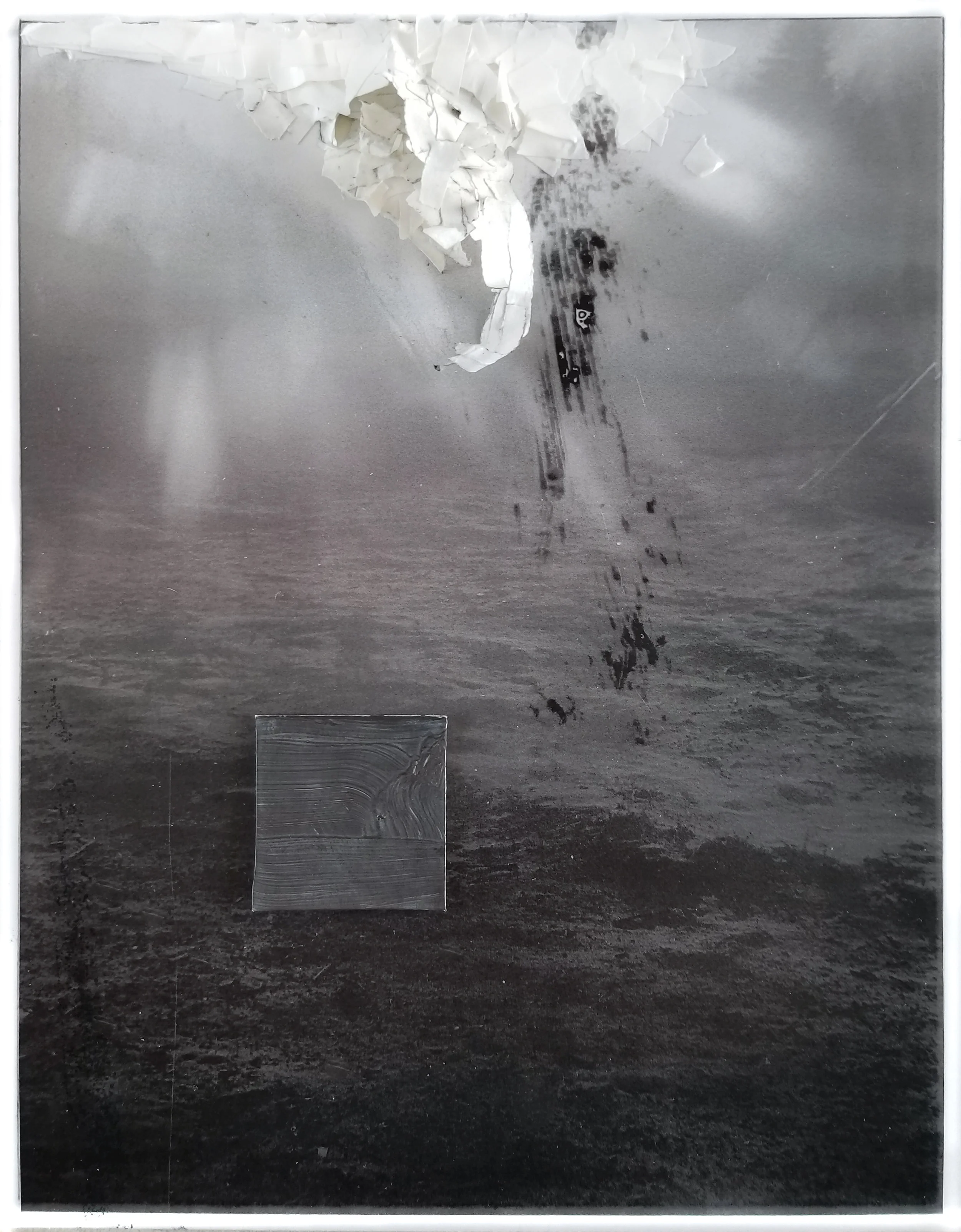 Awake But Not Yet 2019 acrylic, graphite, cardboard, artist tape, laser print 11” x 8 1/2”