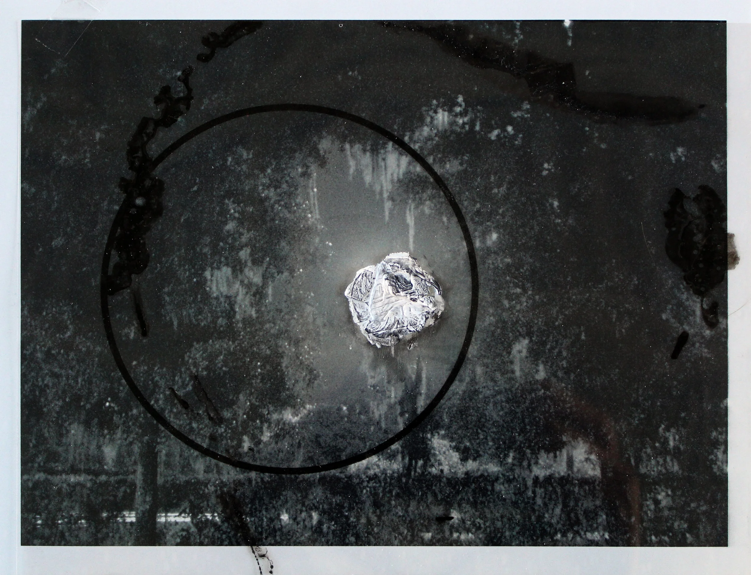 One Sunset Further Behind 2019 acrylic, artist tape, laser print, inkjet on transparency 8 1/2” x 11”