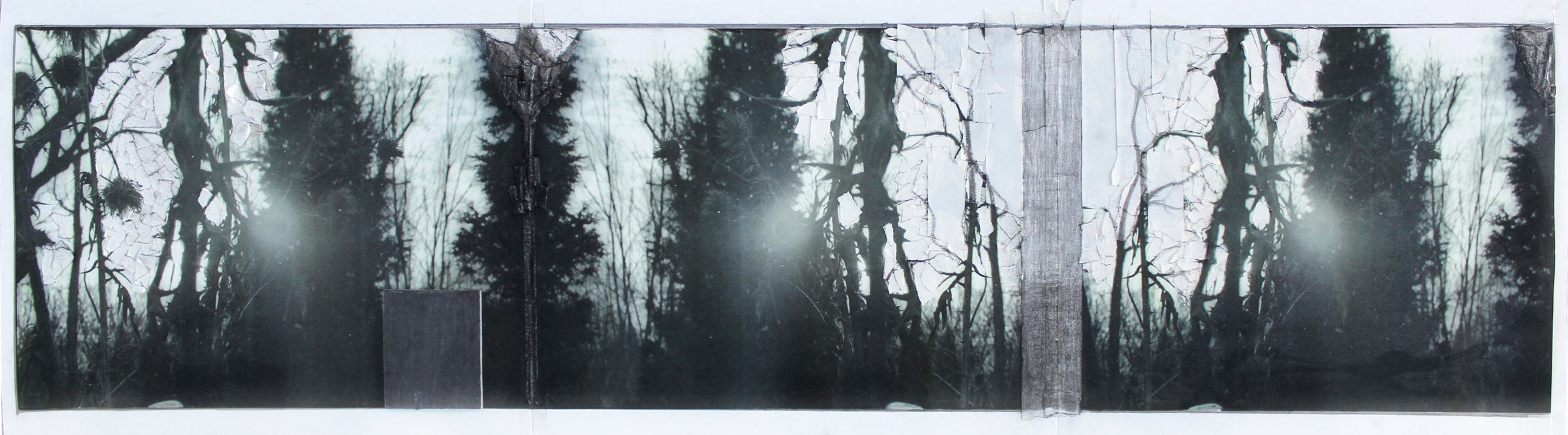 Words You Said, I’ll Never Forget You Now 2019 acrylic, graphite, cardboard, artist tape, transparent tape, laser prints 8 1/2” x 32 1/2”