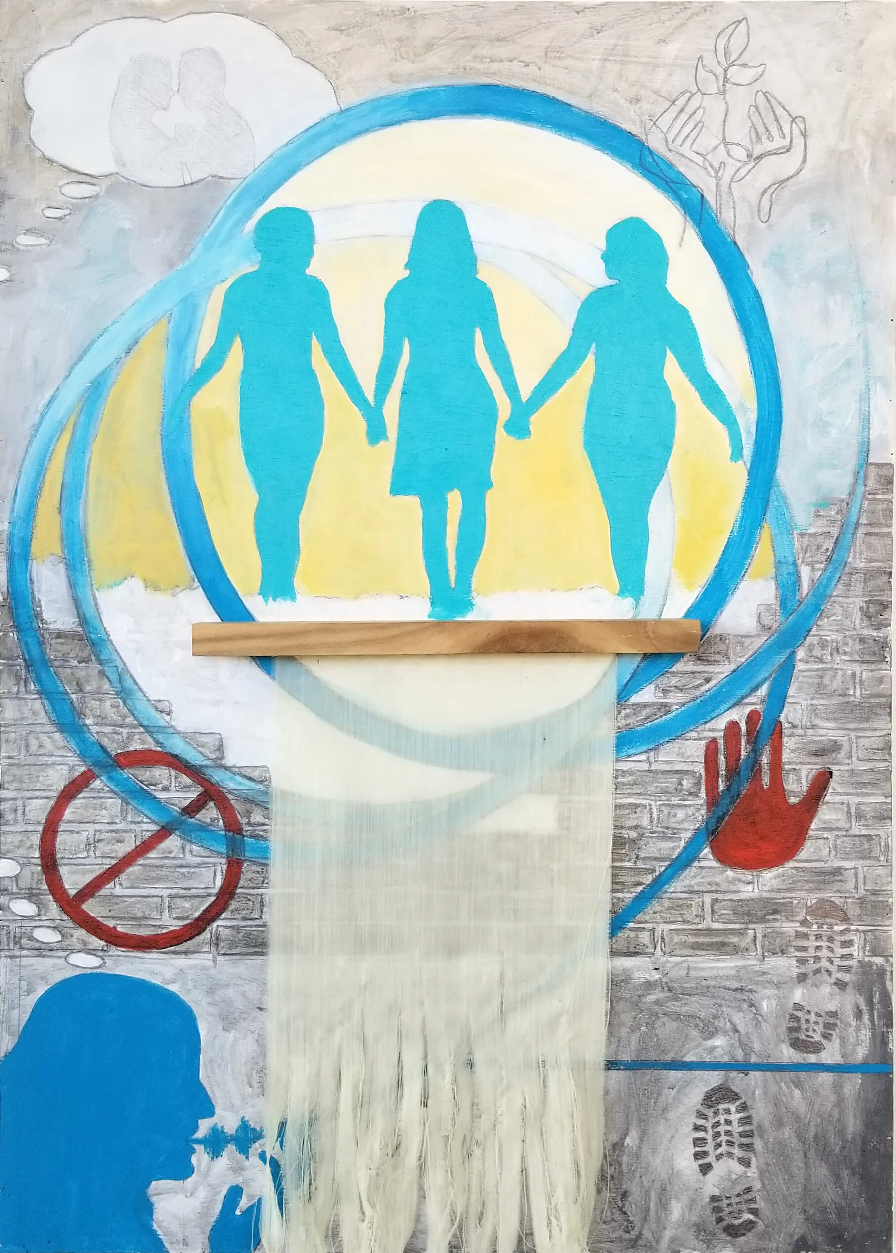 An Empowerment Story 2019 acrylic, graphite, fabric, wood, inkjet prints on panel 30 7/8” x 21 7/8”