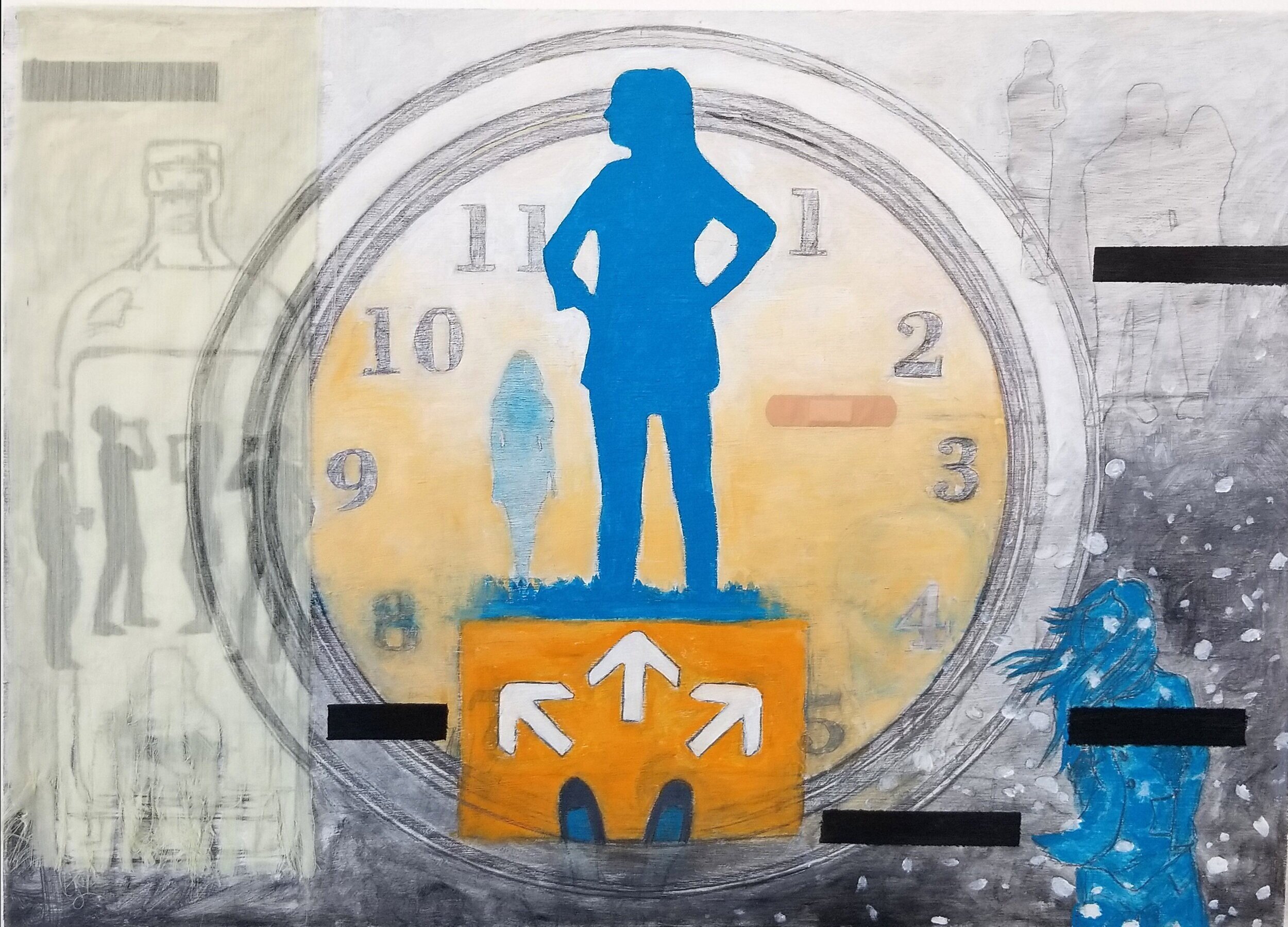The Female Freshman Experience 2019 acrylic, graphite, fabric, Band aid, inkjet prints on panel 21 3/4” x 30”