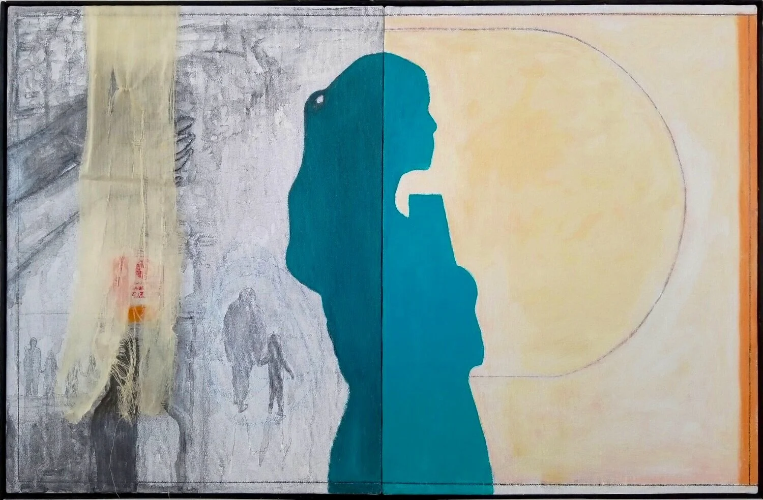 Tejia 2018 acrylic, graphite, fabric on canvas 20” x 32”