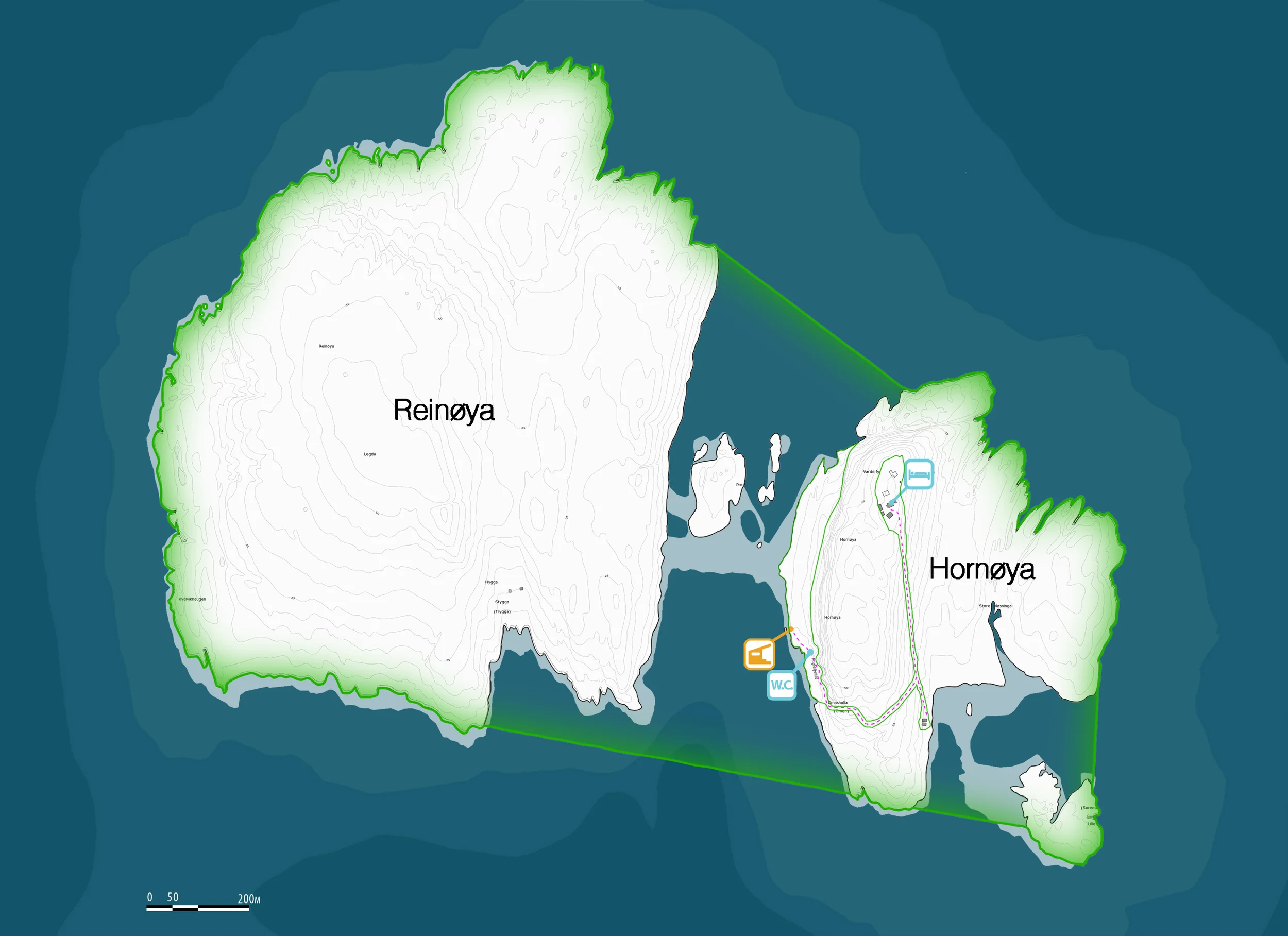 M Kart som viser omfanget av naturreservatet Reinøya/Hornøya (markert i grønt)