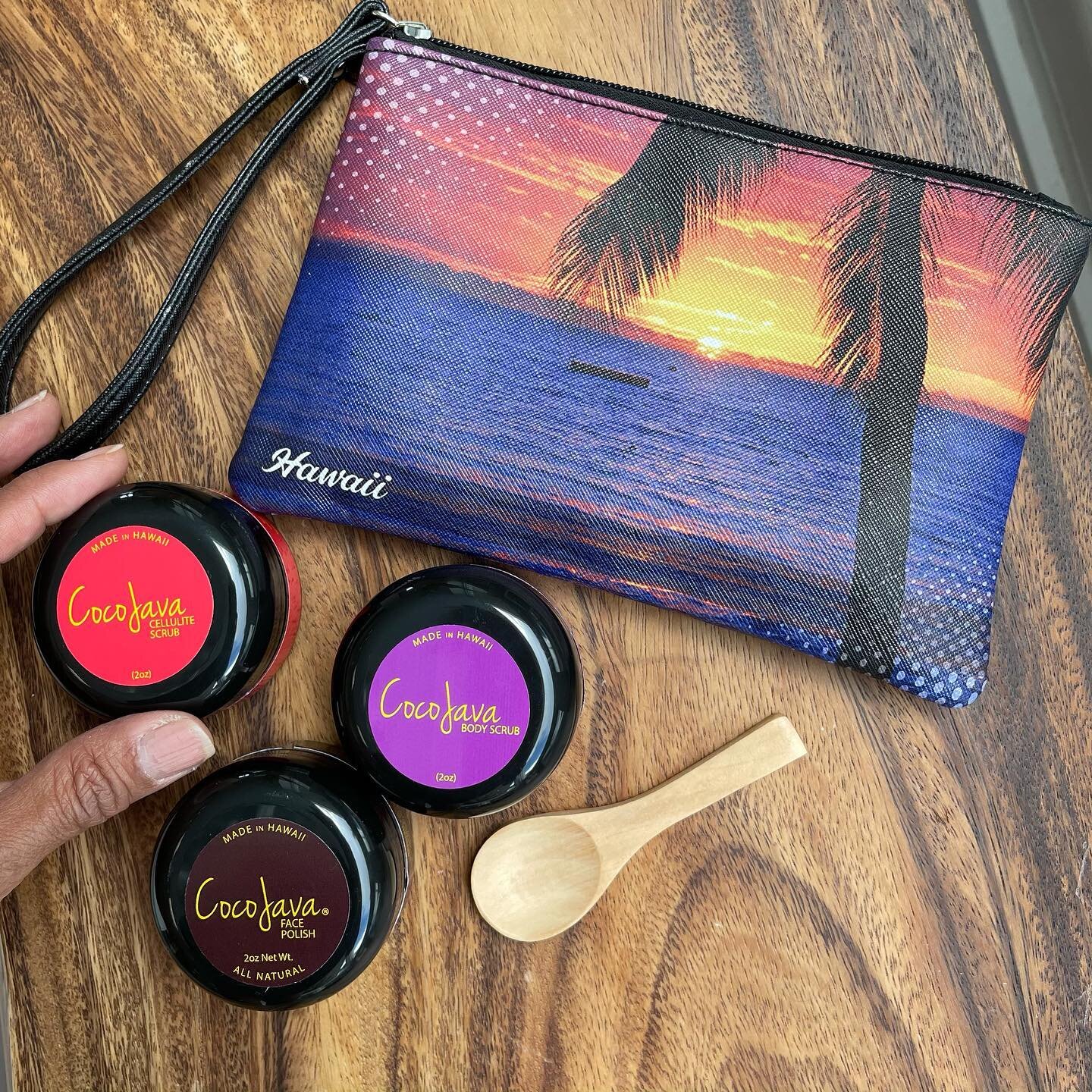 $49 Flash Sale!  Take the entire scrub line everywhere you go with this travel sized set neatly packed in a water resistant pouch with wooden spoon ❤️
.
#madeinhawaii #naturalbeauty #naturalskincare #edible #valeriejoseph