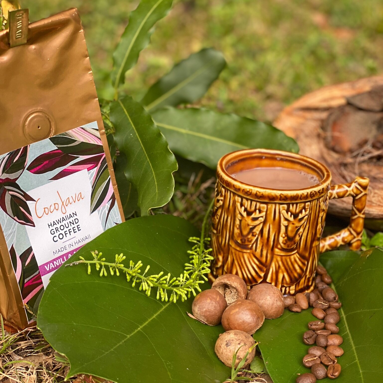 A sip of Hawaii in every bag ☕️ Try our delicious Vanilla Macadamia Nut Hawaiian ground coffee.