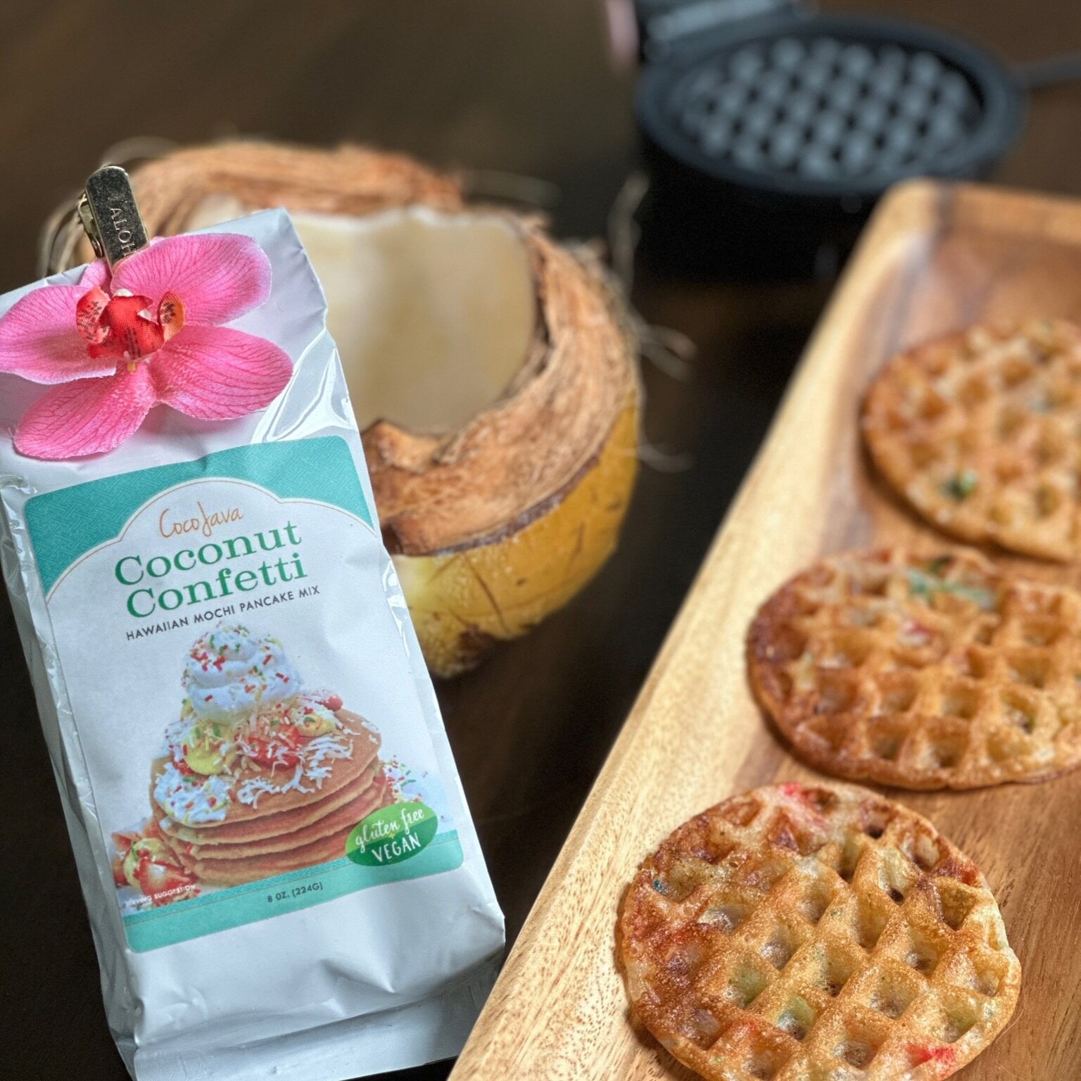 Have you tried our incredibly delicious Coconut Confetti Mochi Pancake Mix? It&rsquo;s like crispy butter mochi when you make waffles out of them. 🥞🧇😍😍