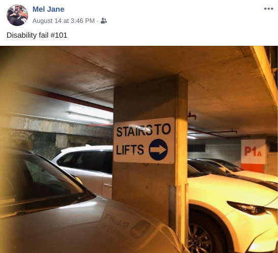 Mel Harrison social post: Sign in parking garage, “stairs to lifts.”