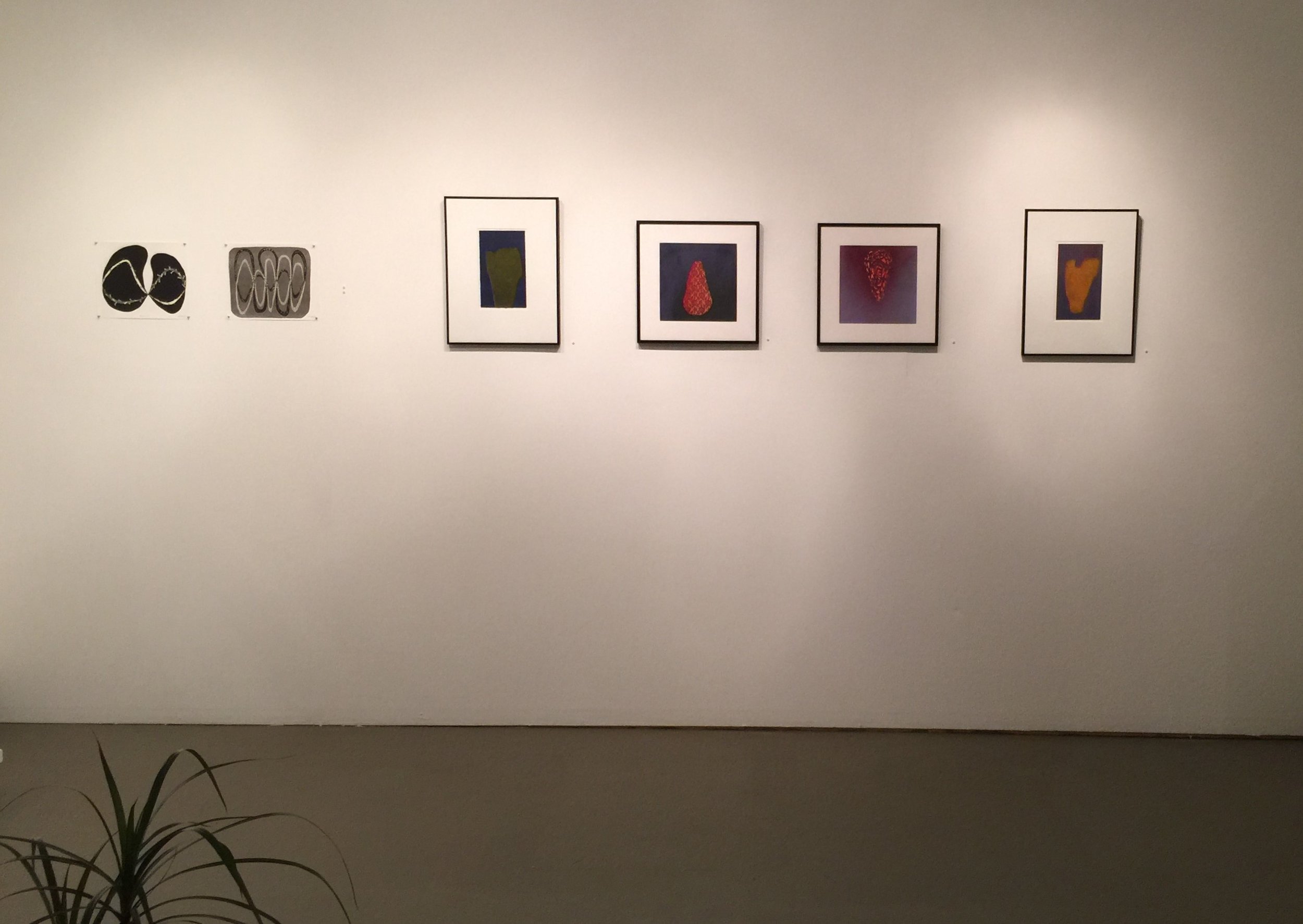  (left to right) Work by MFA candidate in printmaking Dylan Welch, and Professor Tony Crowley.&nbsp; 