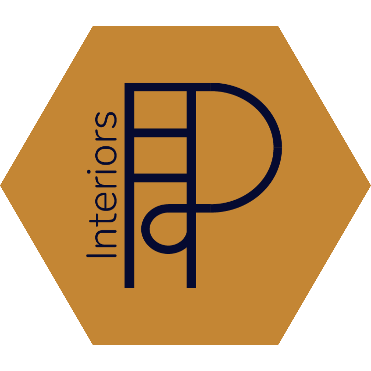 Hexagonal logo with the words "Interiorors" and a stylized letter "P" in navy blue on a brown background.